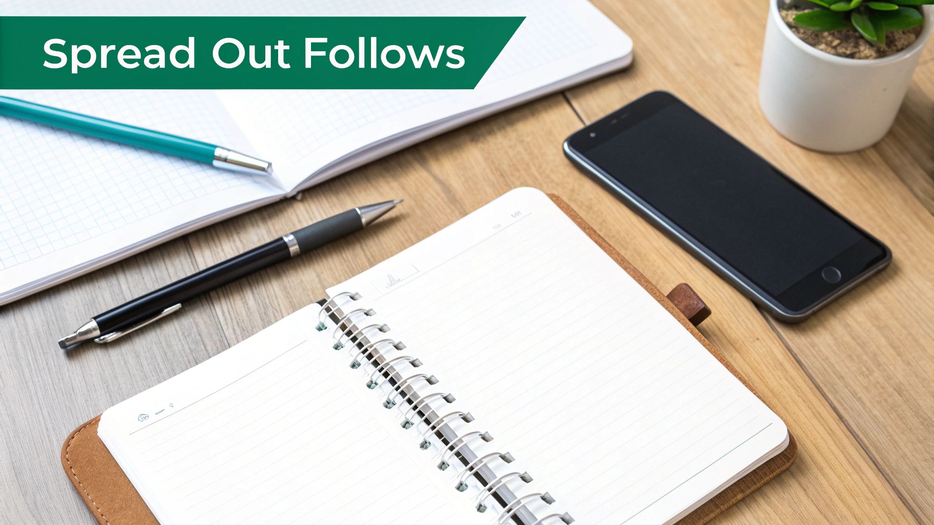 A flat lay of a workspace with open notebooks, pens, a smartphone, and a plant, with 'Spread Out Follows' banner.