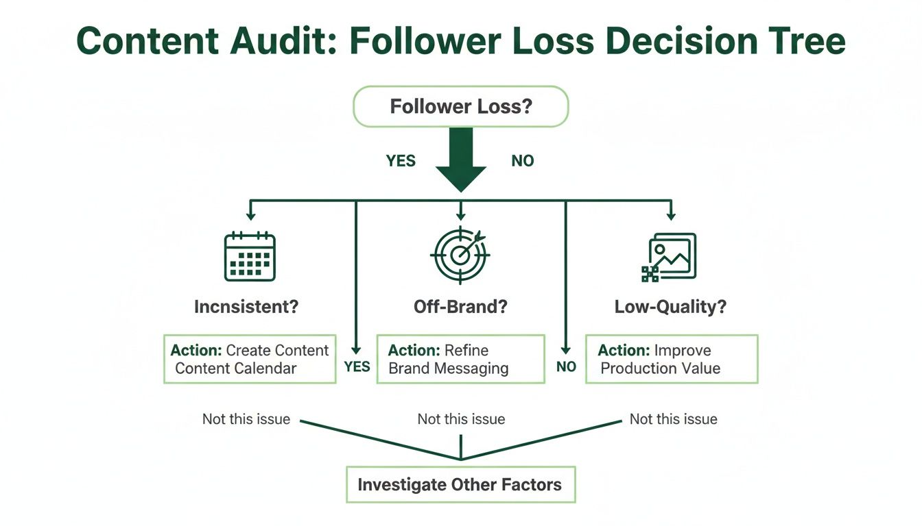 Decision tree for content audit to identify reasons for follower loss and suggested actions.