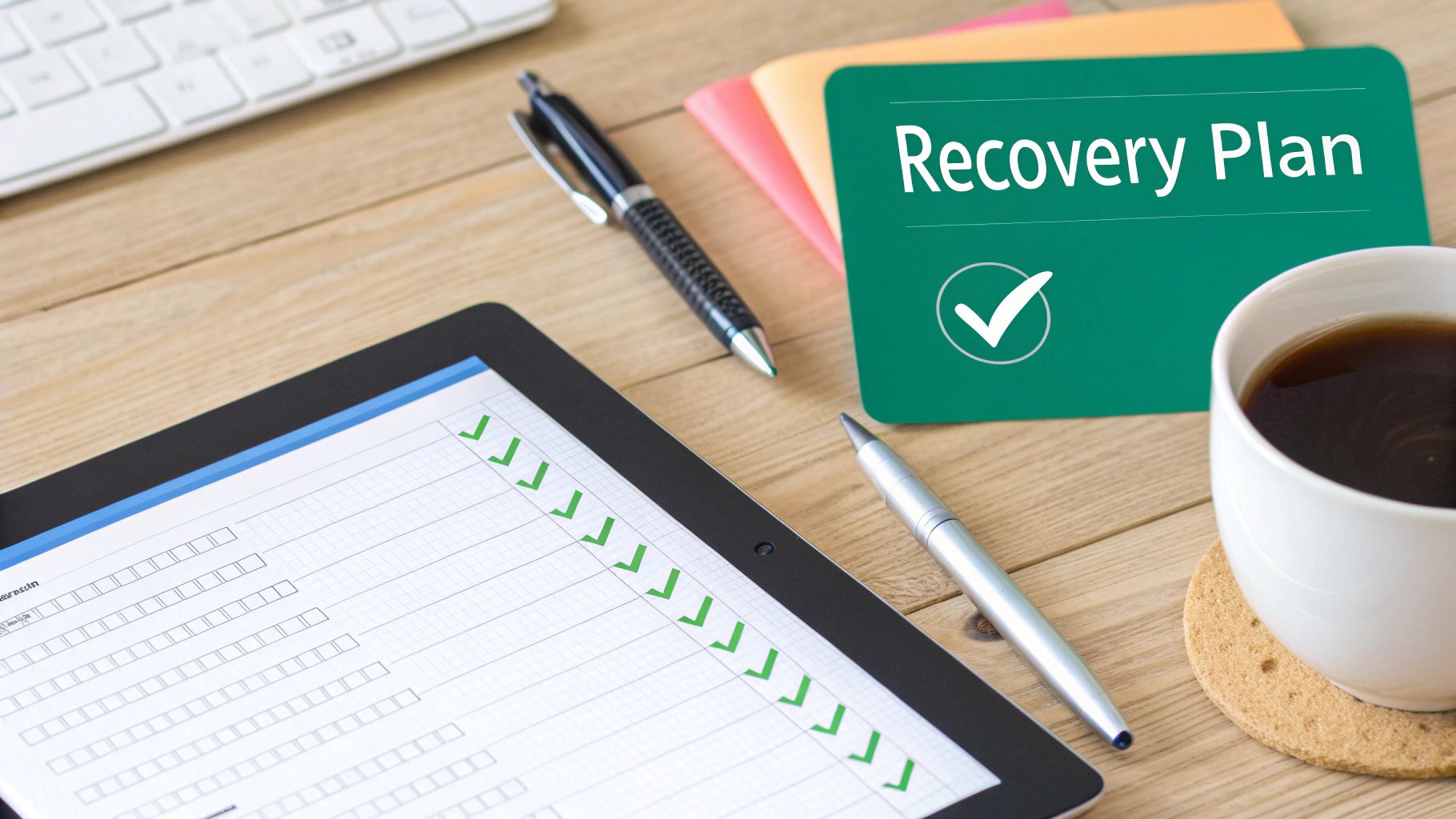 A recovery plan card, a tablet with a checklist, pens, keyboard, and coffee on a wooden desk.