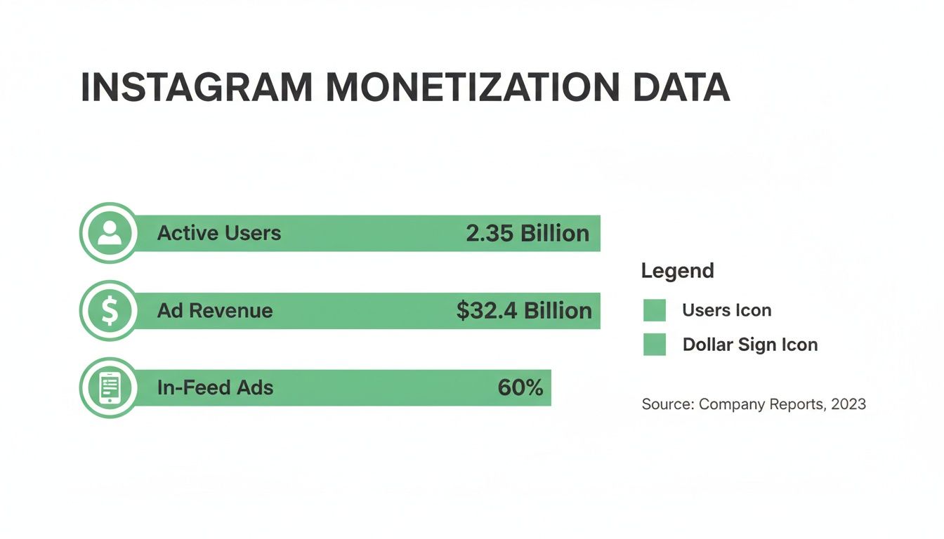 Instagram monetization data showing active users, ad revenue, and in-feed ad percentage from 2023.