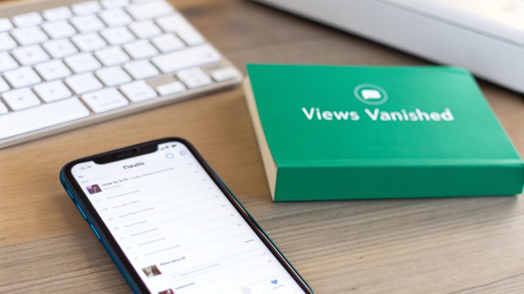 Close-up of a smartphone displaying social media posts, a green 'Views Vanished' book, and a keyboard.