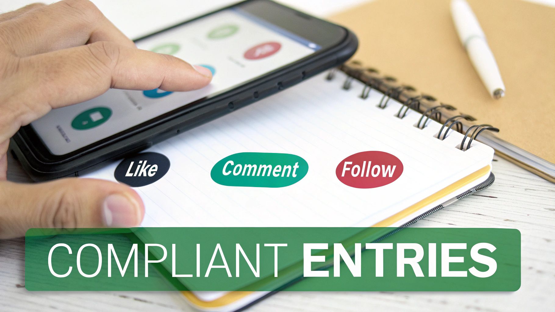 A hand interacts with a smartphone over a notebook displaying 'Like', 'Comment', 'Follow', and 'COMPLIANT ENTRIES'.