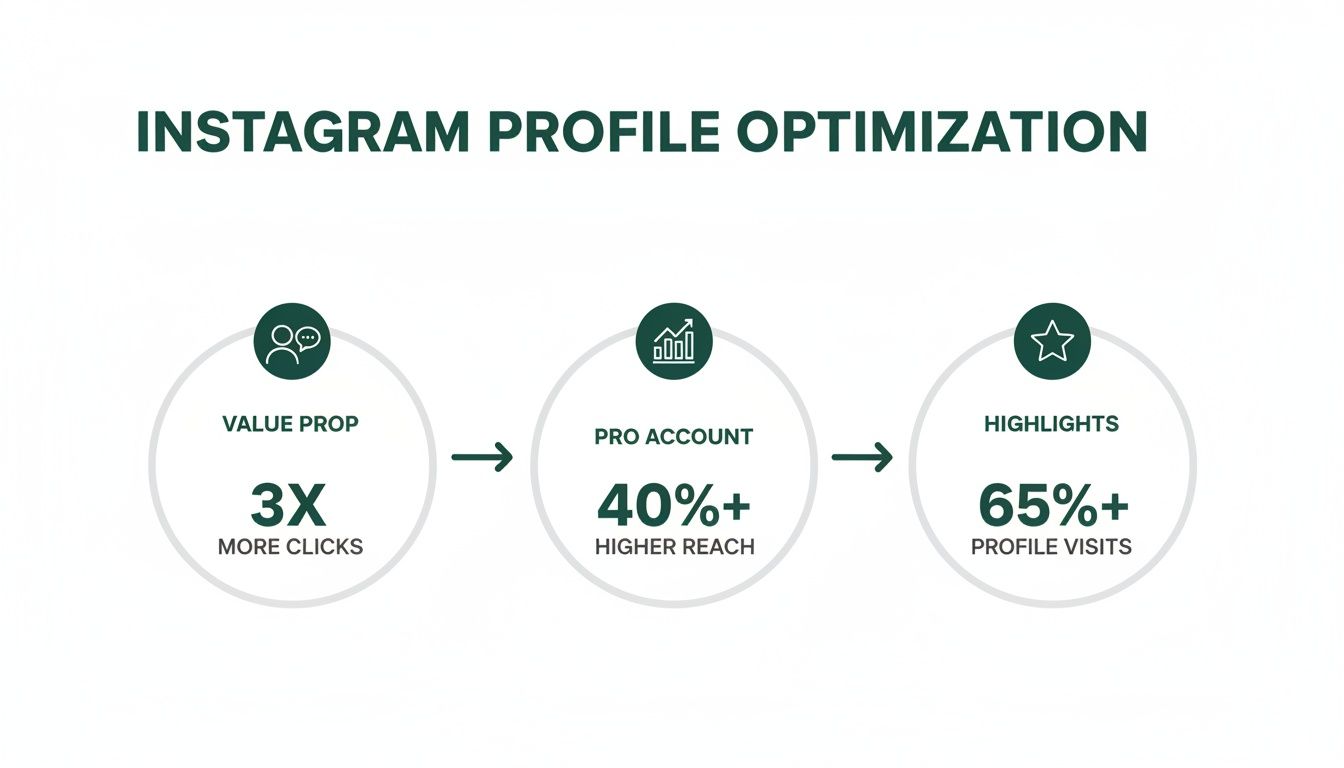 Diagram illustrating Instagram profile optimization strategies to achieve more clicks, higher reach, and profile visits.