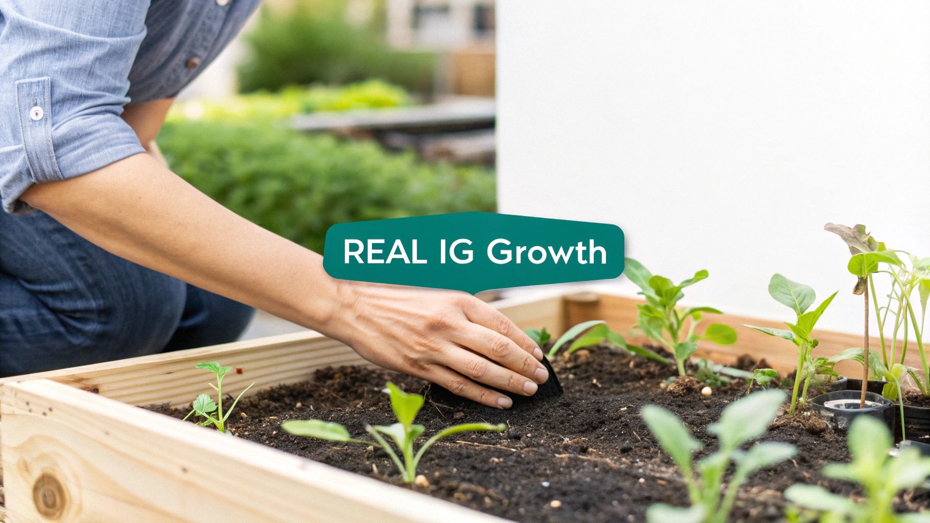 Close-up of a person's hands planting a small green seedling in a raised garden bed.