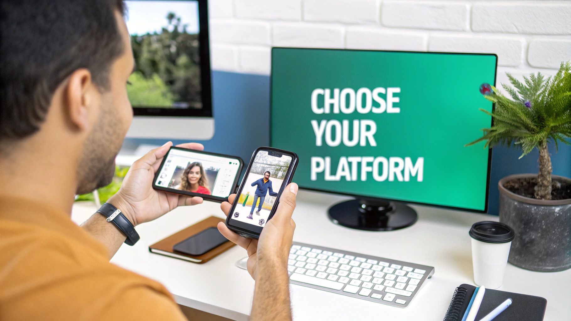 A person holds two smartphones displaying video content, with a monitor showing 'CHOOSE YOUR PLATFORM'.
