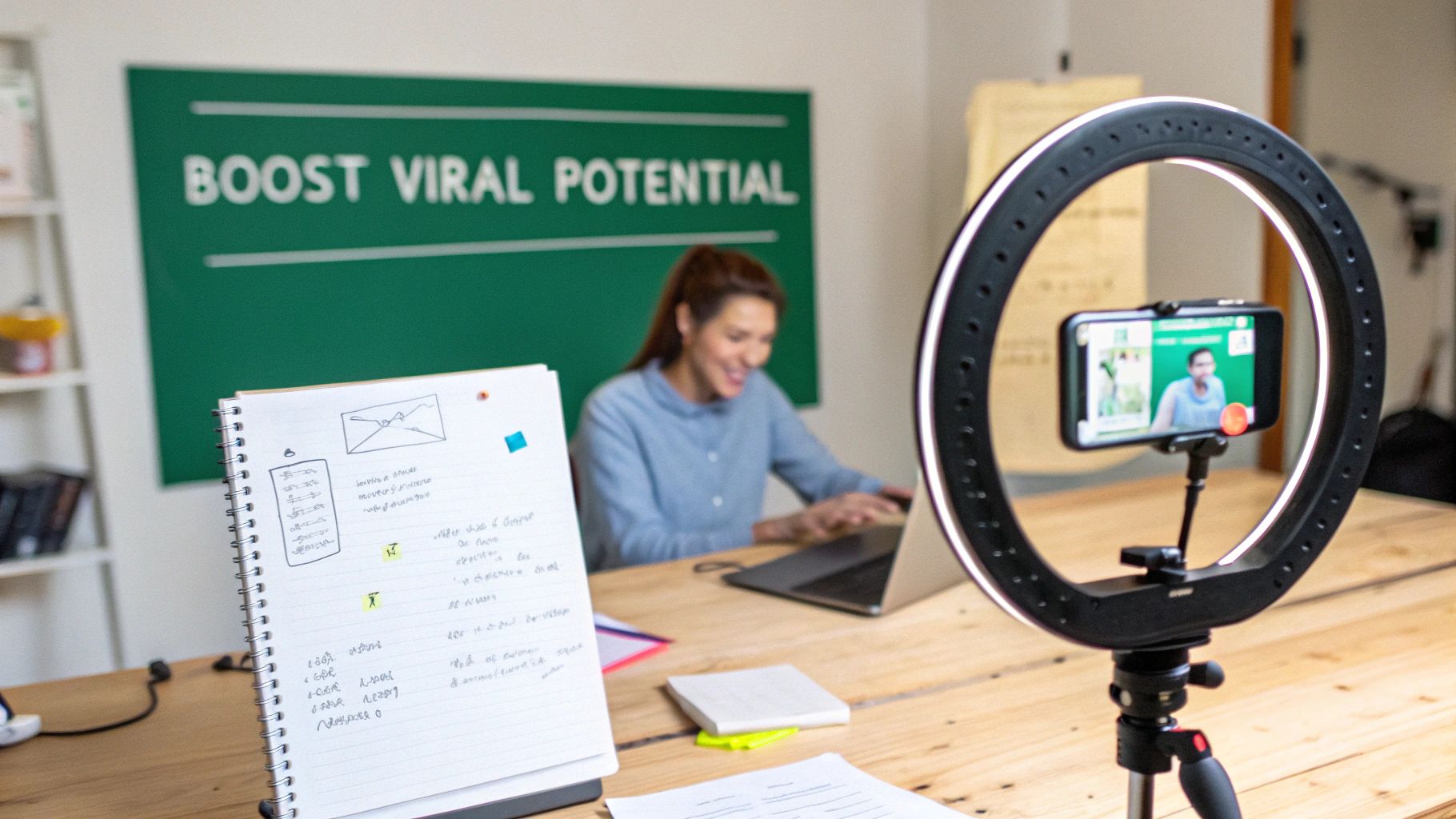 Person strategically planning content on a digital tablet with charts and icons.