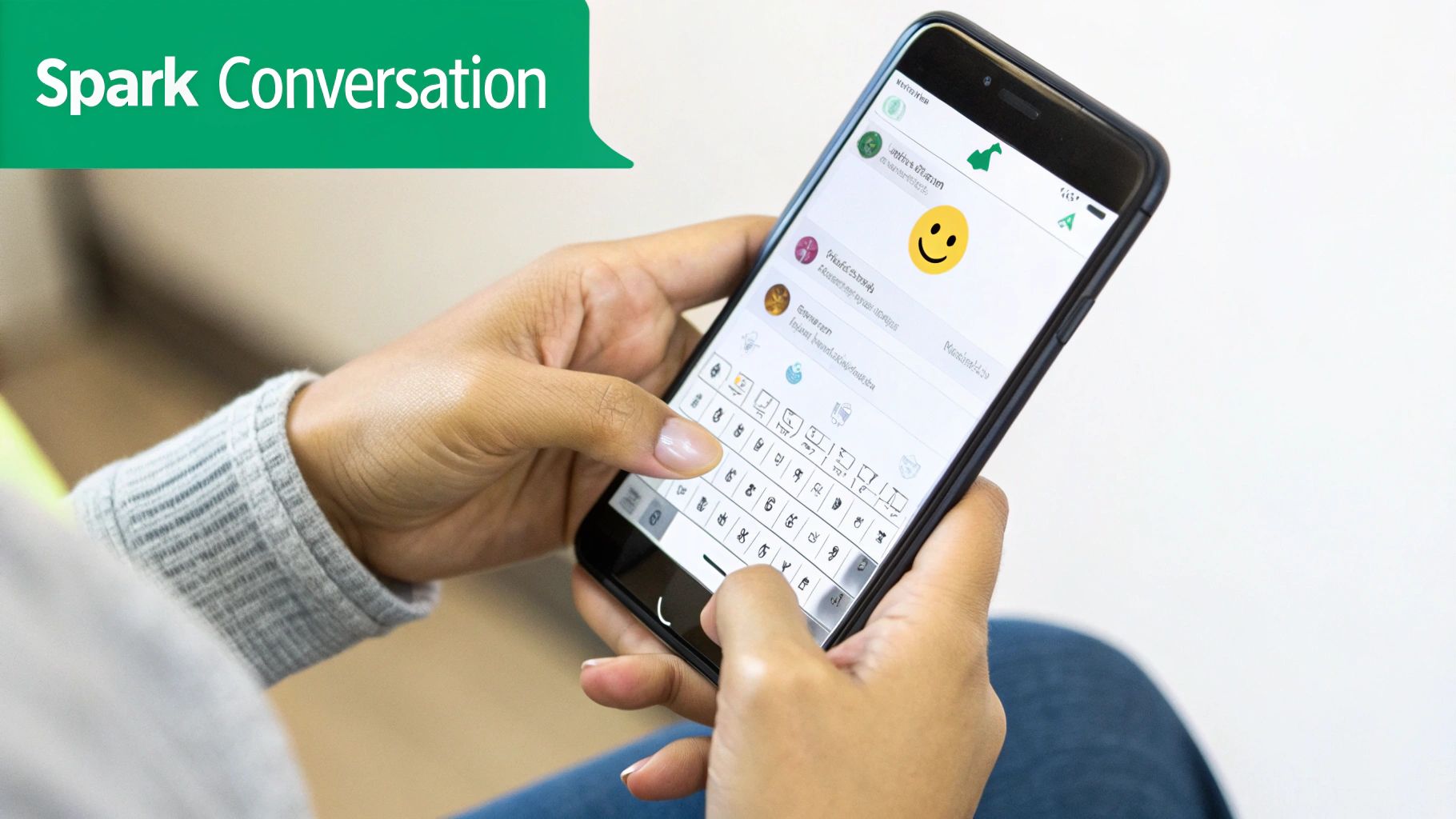 Close-up of hands holding a smartphone, typing a message with a smiley face emoji.