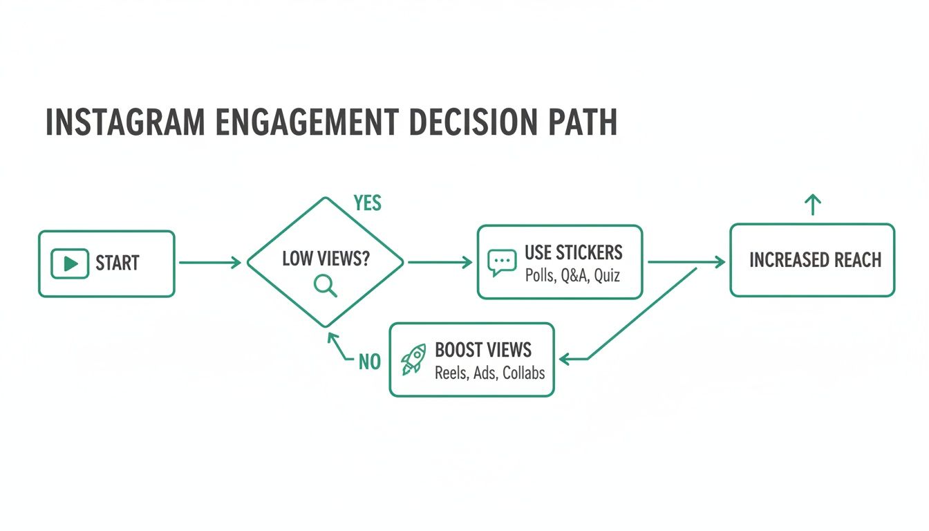 Flowchart showing the Instagram engagement decision path: low views lead to stickers, high views lead to boosting.