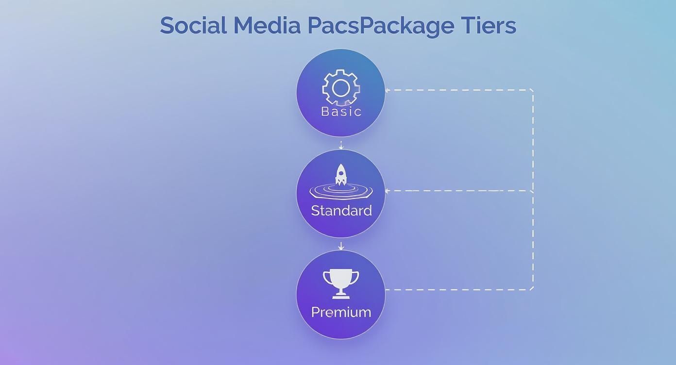 Social Media Package Tiers diagram with Basic, Standard, and Premium levels shown with icons.