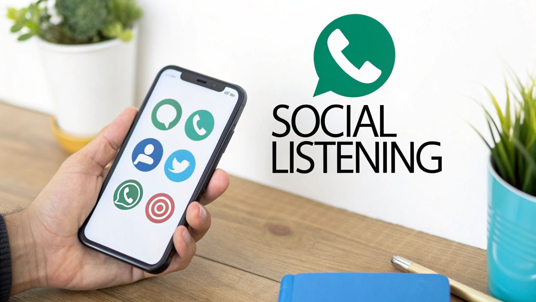 A person analyzes social media analytics on a smartphone, with charts and graphs showing follower engagement and demographics.