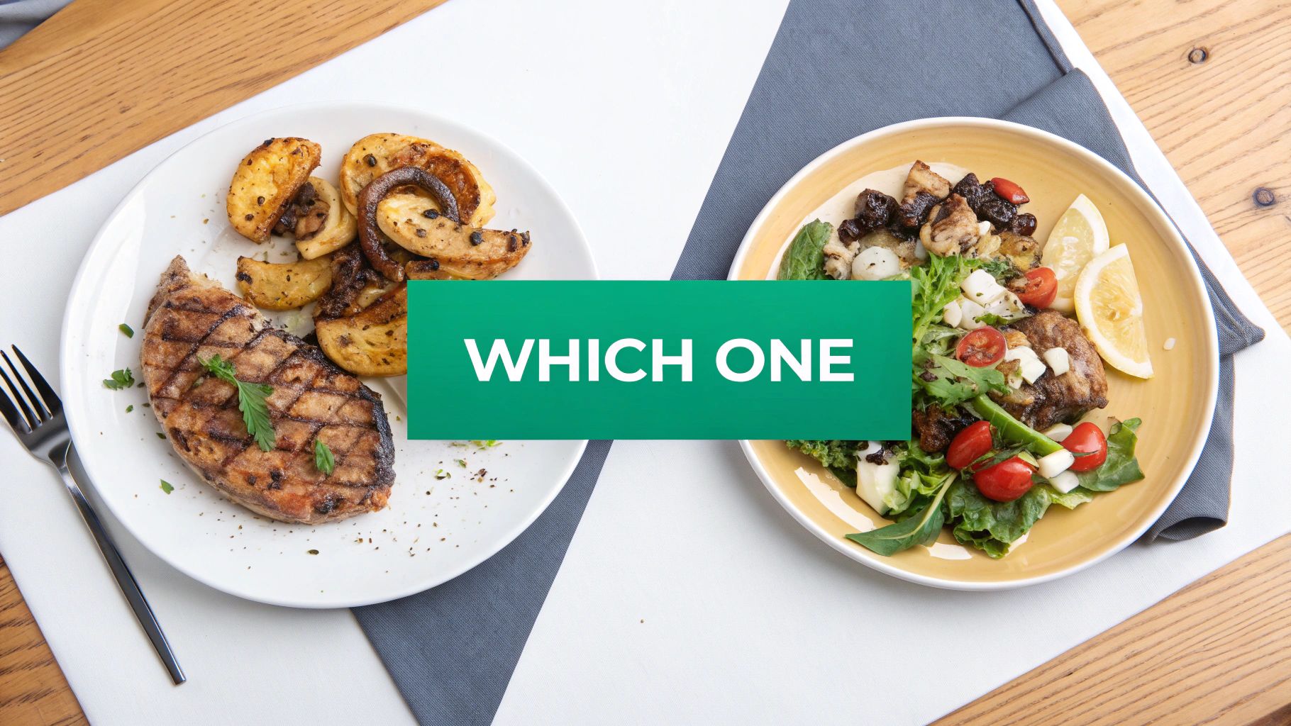 Two plates of appealing food, grilled fish/meat with potatoes and a fresh salad, with a 'WHICH ONE' banner.
