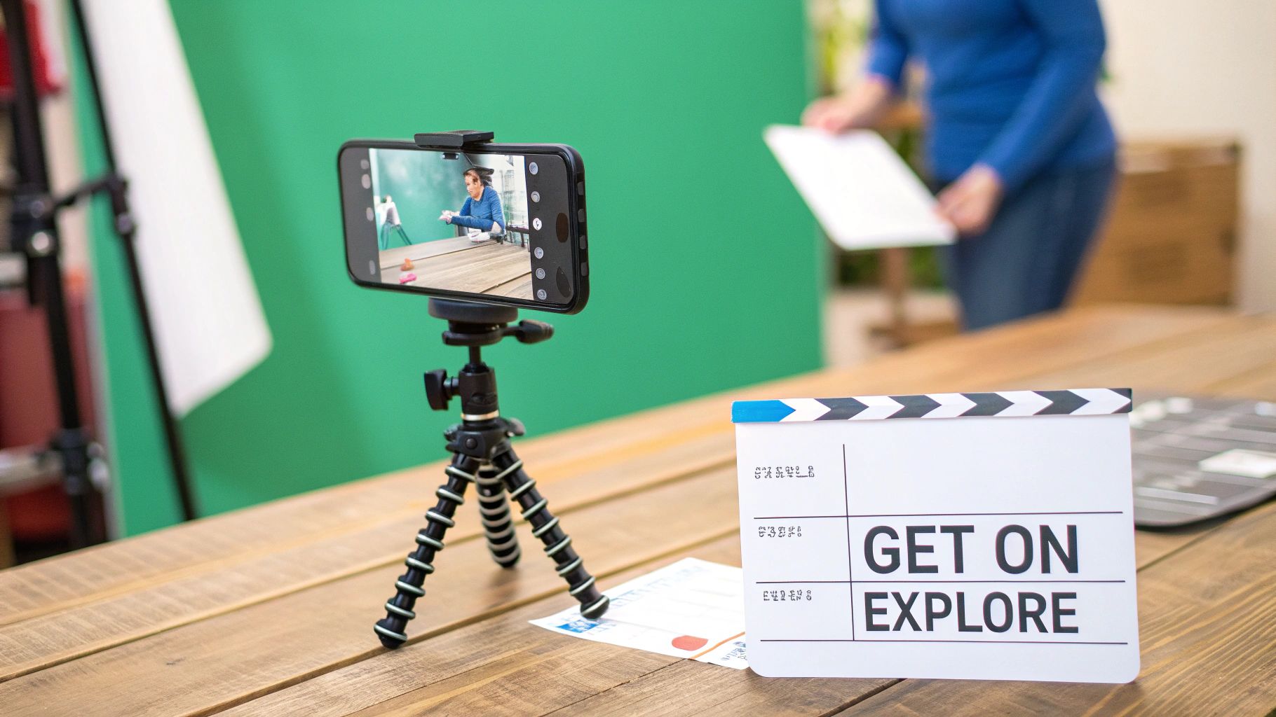 A smartphone on a tripod records a person in front of a green screen, with a 'GET ON EXPLORE' clapboard on a wooden table.