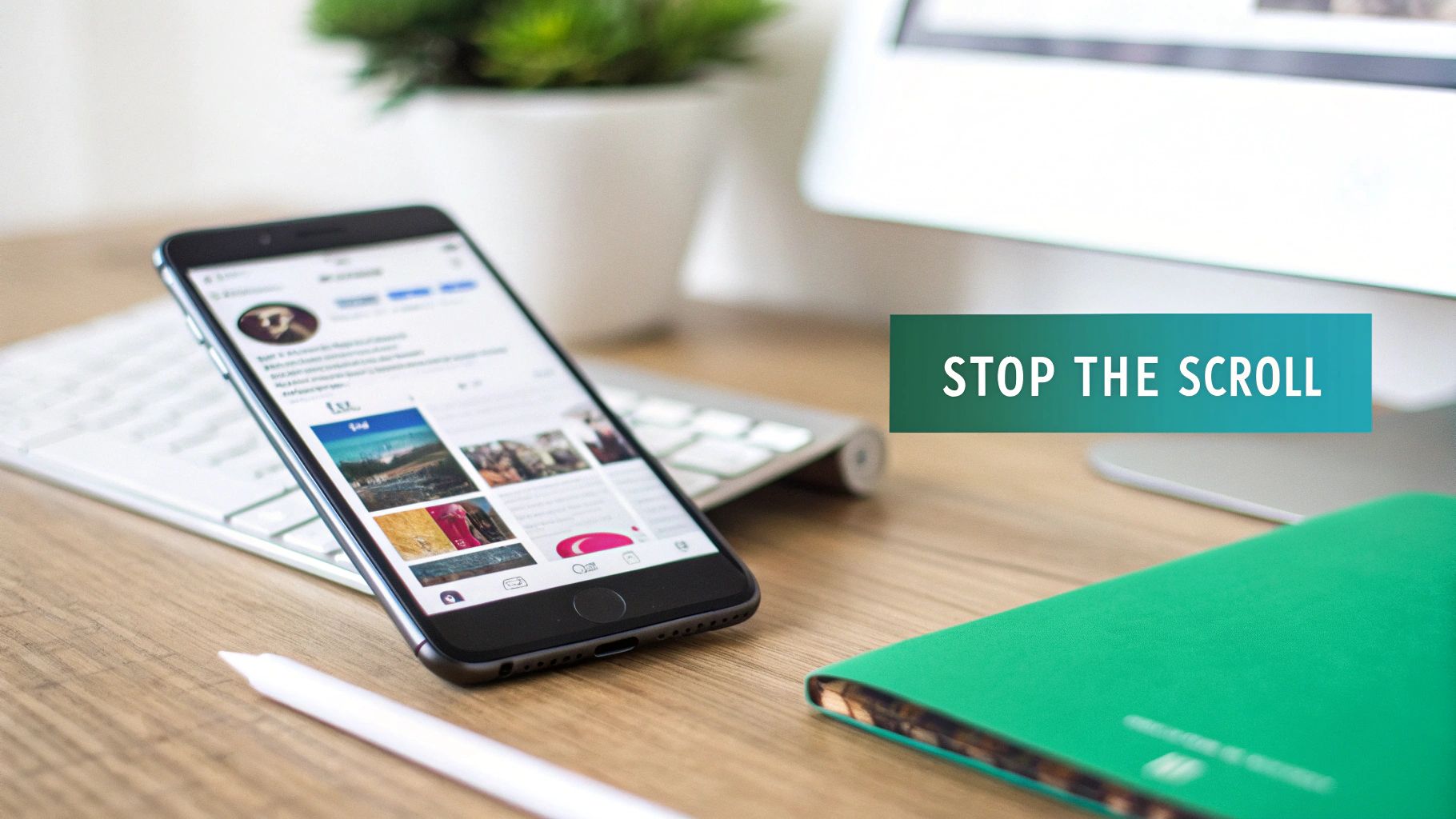 A desk setup with a smartphone showing social media and 'STOP THE SCROLL' text, a keyboard, and notebook.