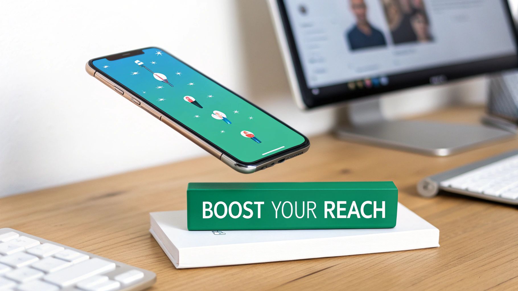 A smartphone displaying a target game, floating above a 'BOOST YOUR REACH' block, with a monitor in the background.