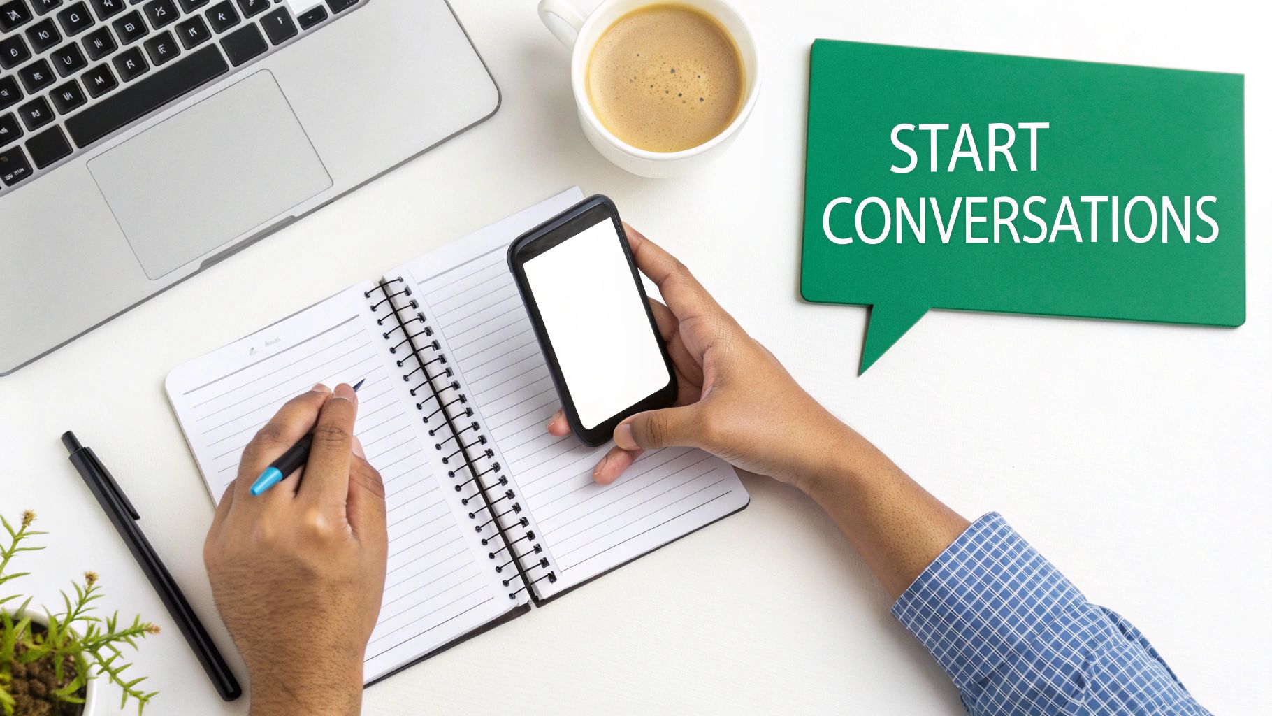 Overhead shot of a person writing in a notebook, holding a phone, with a laptop, coffee, and a 'START CONVERSATIONS' speech bubble.