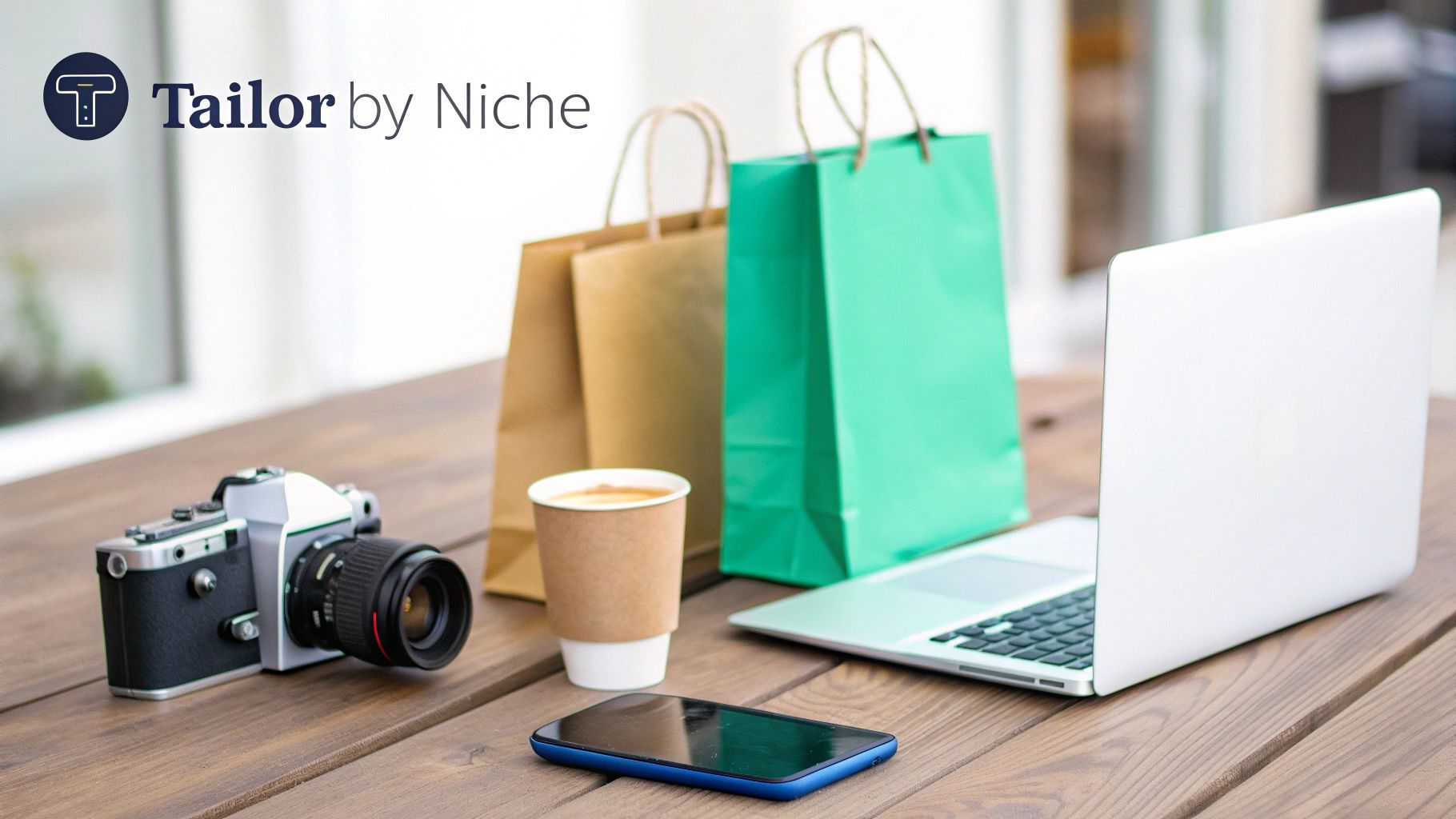 A modern workspace setup with a camera, coffee, smartphone, shopping bags, and laptop on a wooden table.