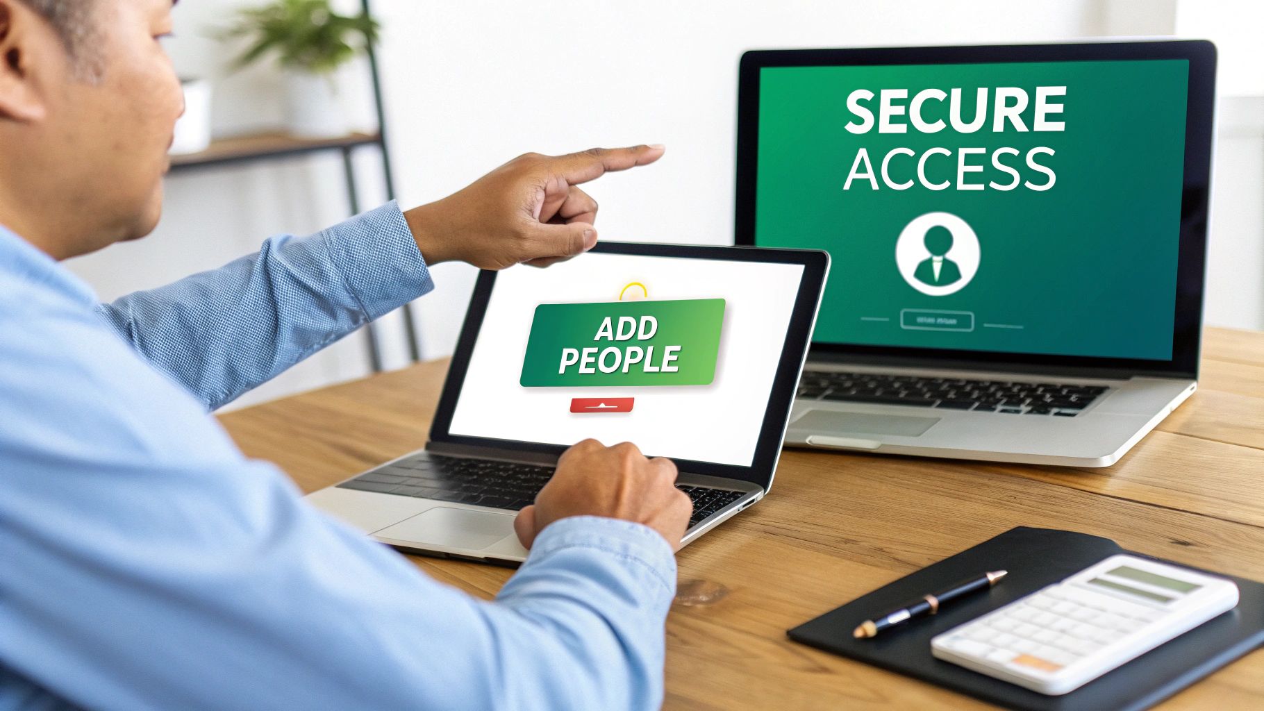 A person points at a laptop screen displaying 'ADD PEOPLE,' while another shows 'SECURE ACCESS.'