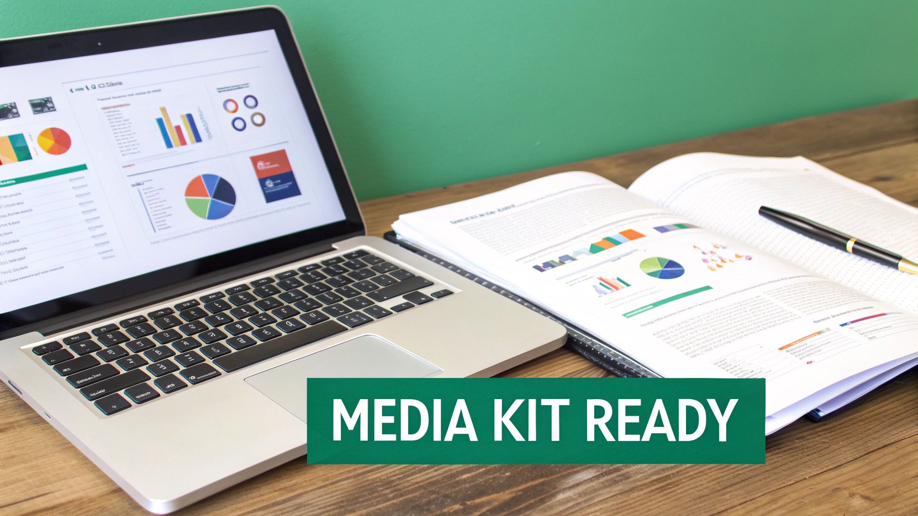 Laptop and open business book with charts on a wooden desk. Text overlay reads 'MEDIA KIT READY'.