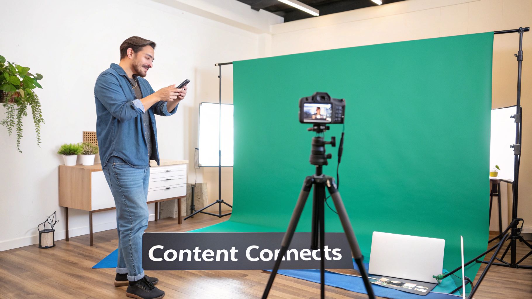 An overhead shot of a content creator's desk, showing a smartphone with Instagram open, a camera, a notebook with content ideas, and a cup of coffee.