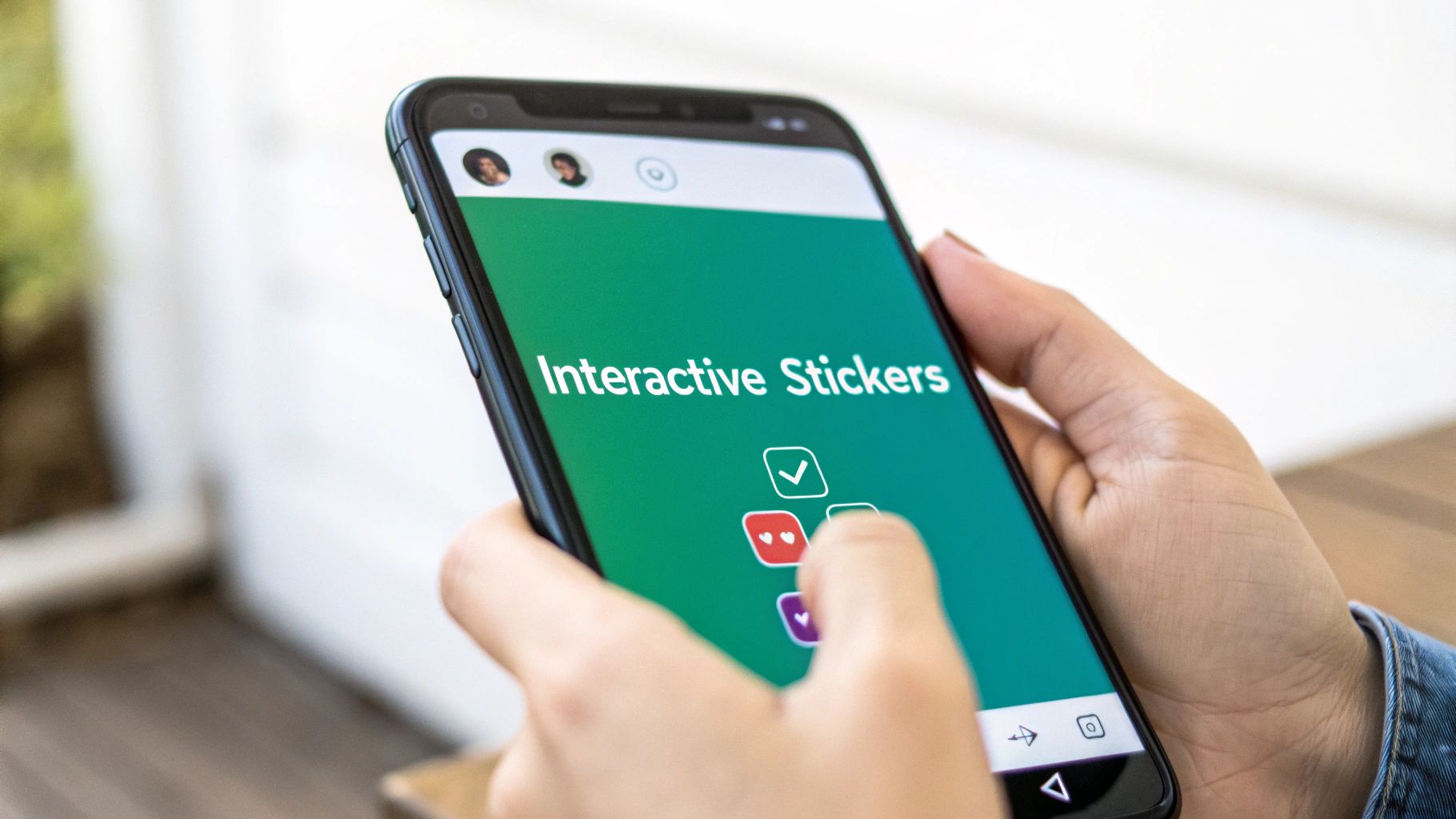 A person's hand holding a smartphone displaying an Instagram Story with interactive stickers.