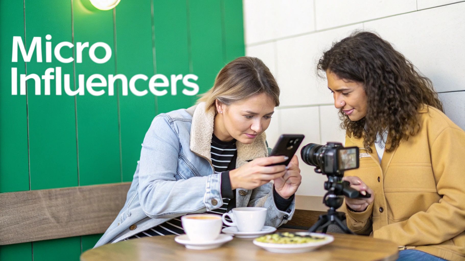 Two women, micro-influencers, film content in a cafe with coffee and food.