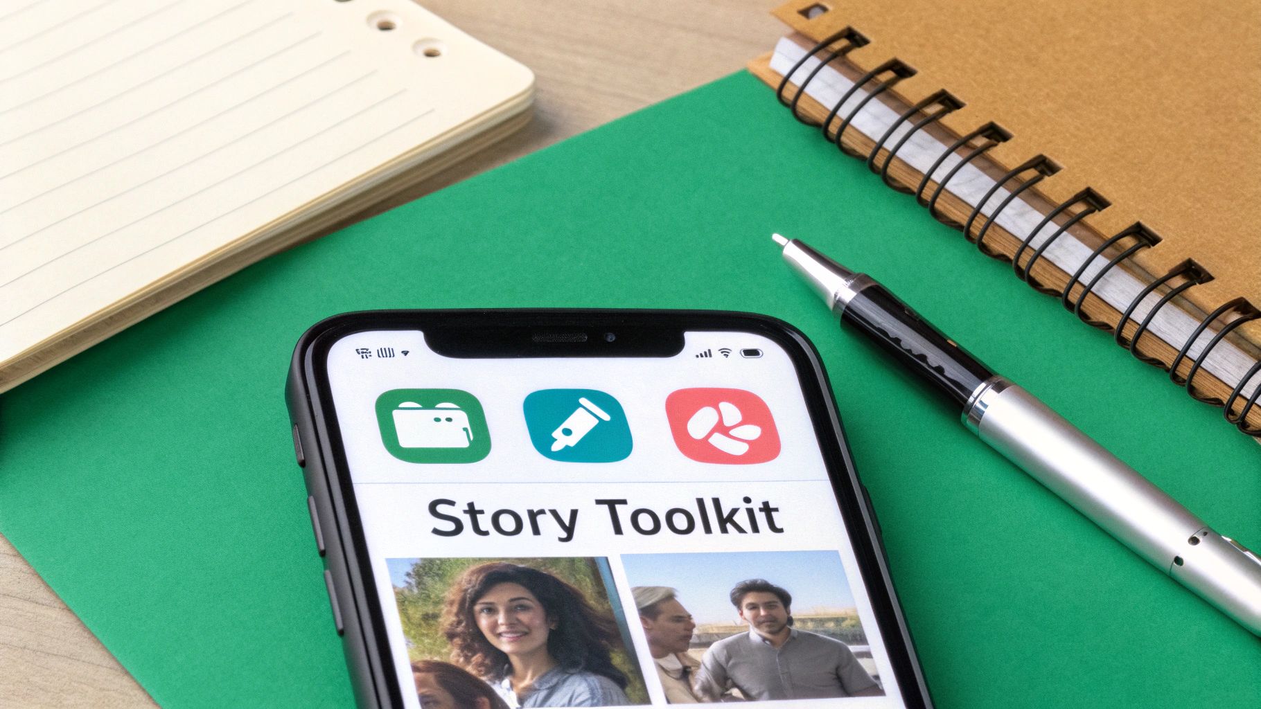 A smartphone screen displays the 'Story Toolkit' app, showing various icons and user photos. Notebooks and a pen are visible on a green surface.