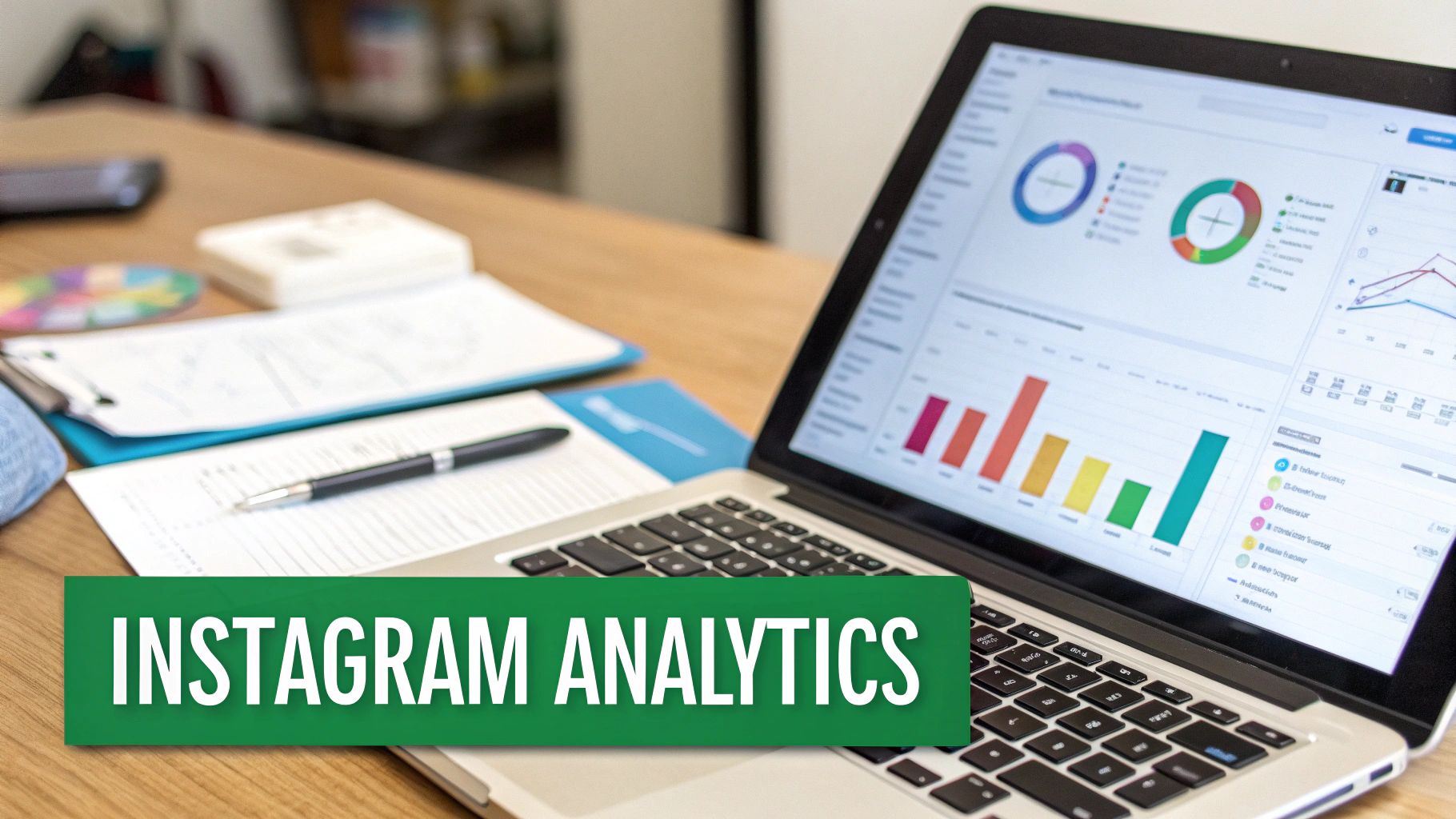 Laptop displaying Instagram analytics with colorful charts and graphs on a wooden desk, next to a pen.