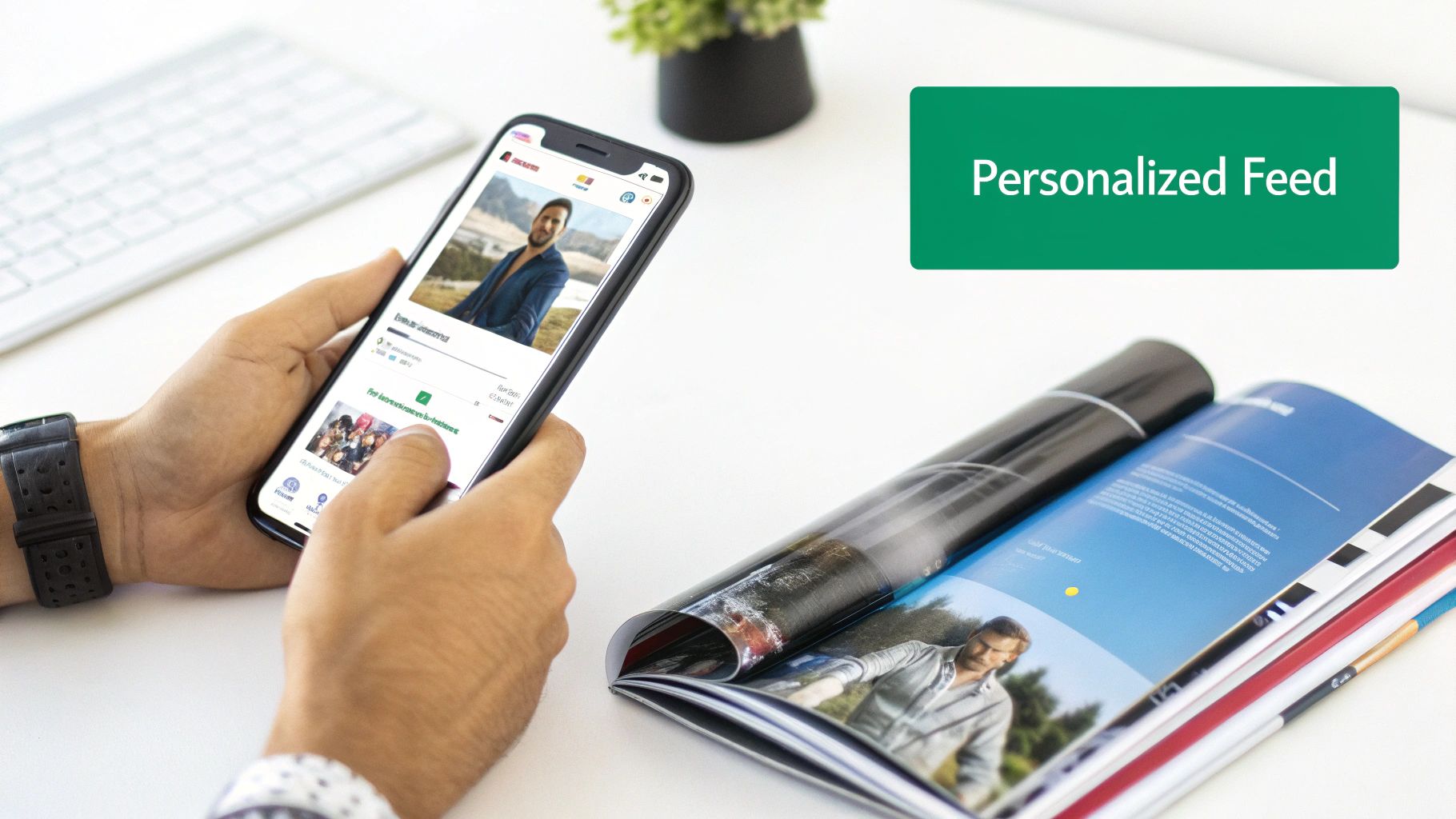 Hands holding a smartphone displaying a personalized feed, next to an open magazine on a white desk.