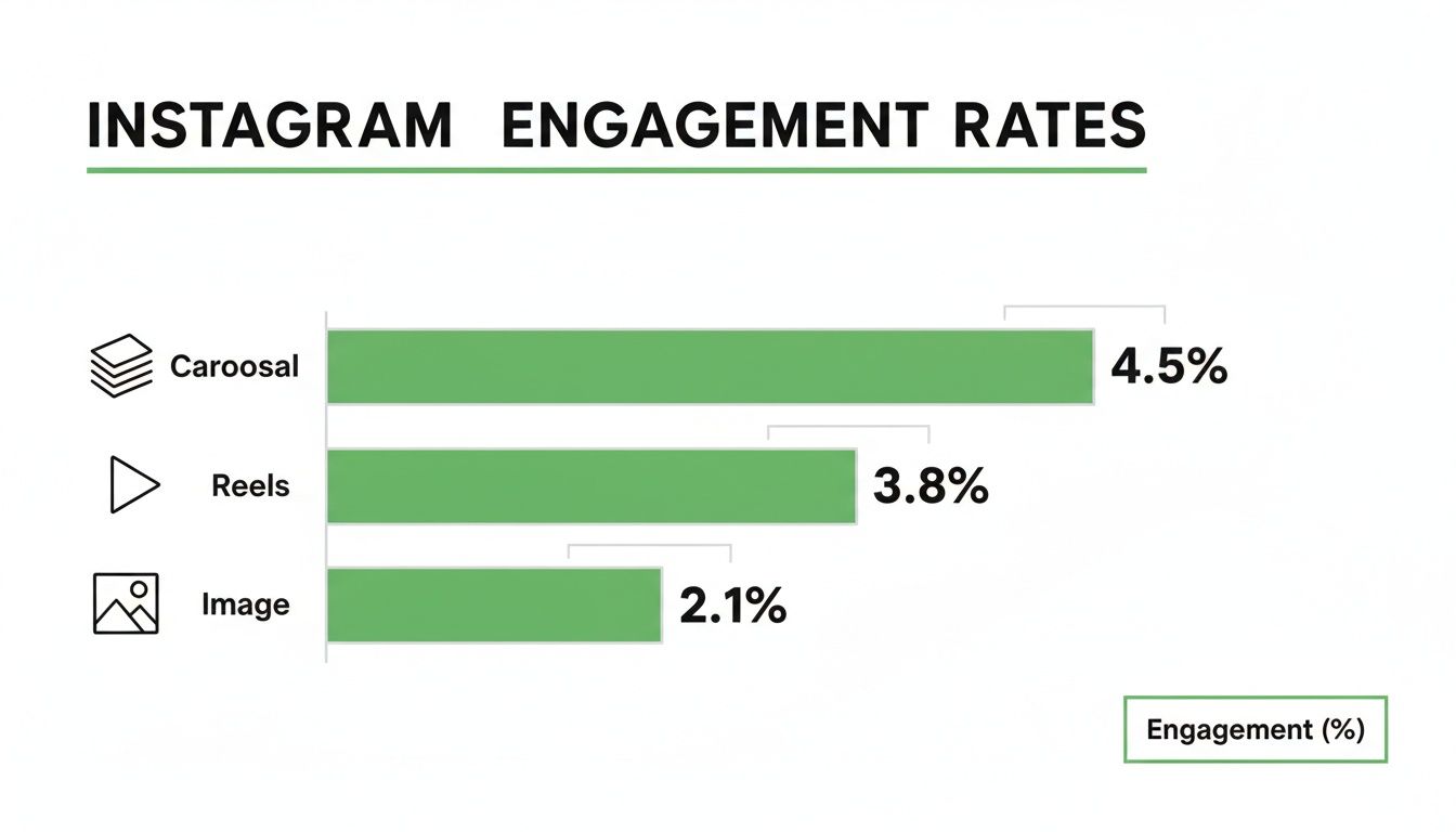 Instagram engagement rates bar chart showing carousels at 4.5%, reels at 3.8%, and images at 2.1%.