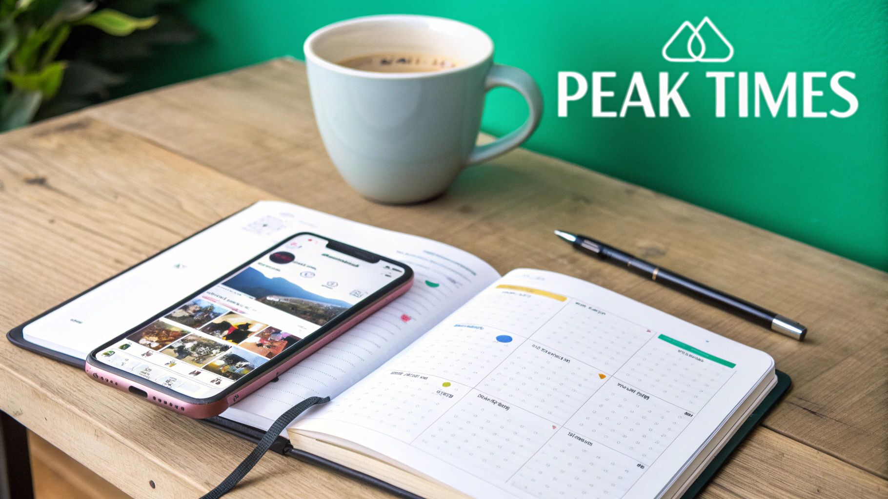 A vibrant desk setup with a smartphone displaying Instagram, an open planner, coffee, and a pen on a wooden table.