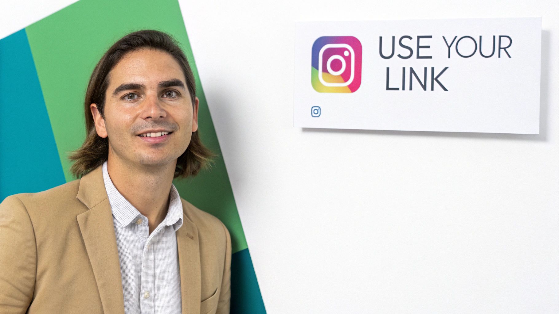 Smiling man with long hair in a tan blazer next to an Instagram 'USE YOUR LINK' sign.