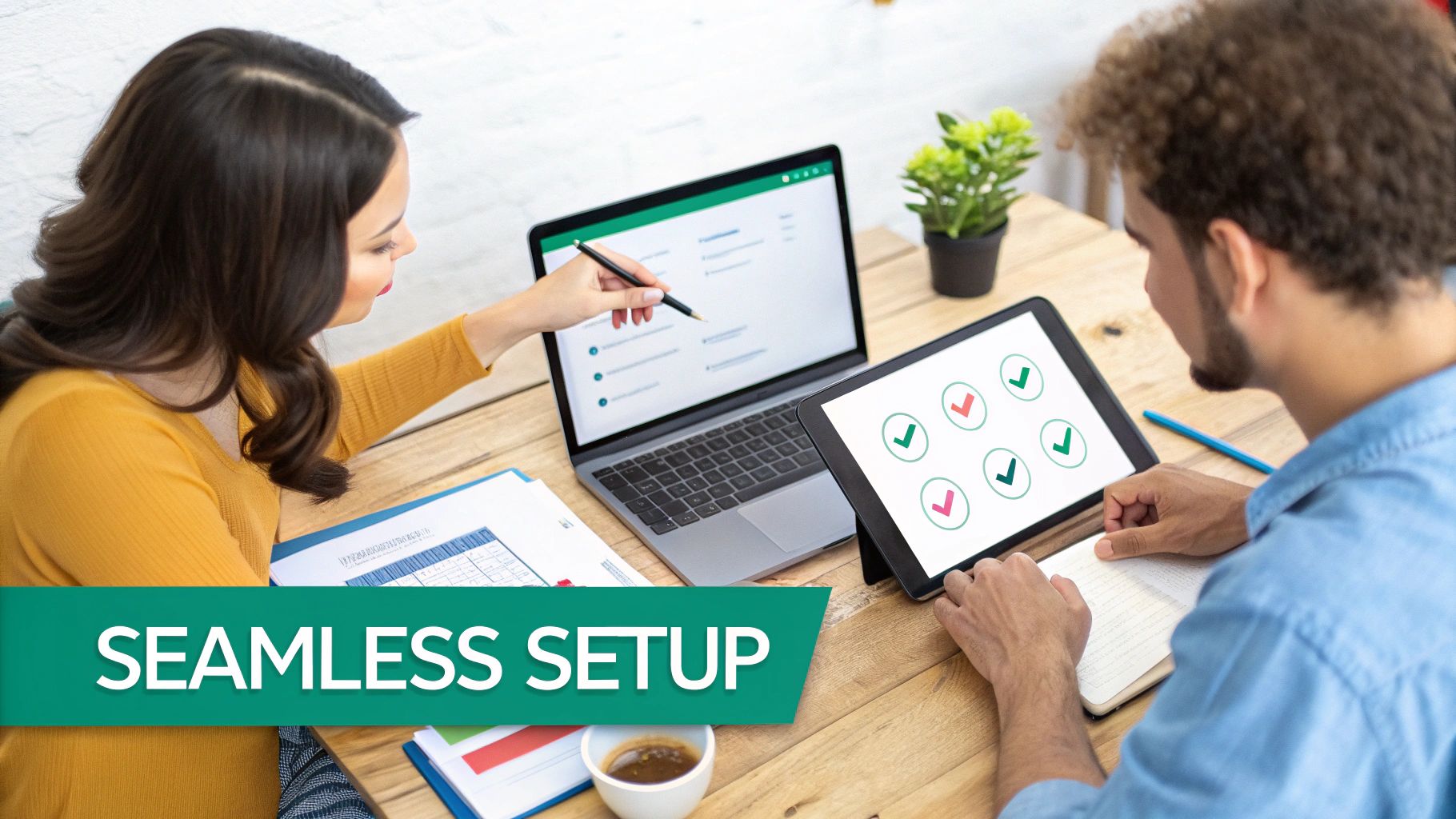 Two people collaborating on a laptop and tablet, reviewing a digital setup process.