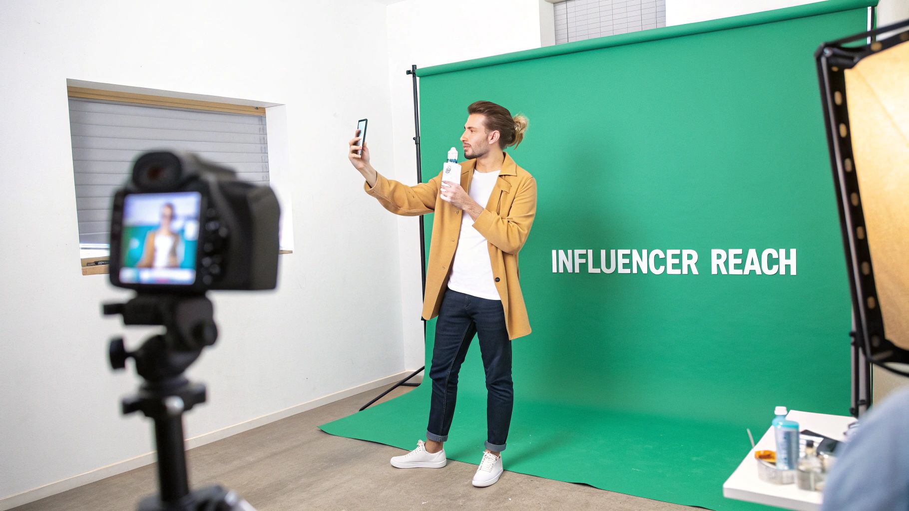 Influencer recording a video with a smartphone and product on a green screen with 
