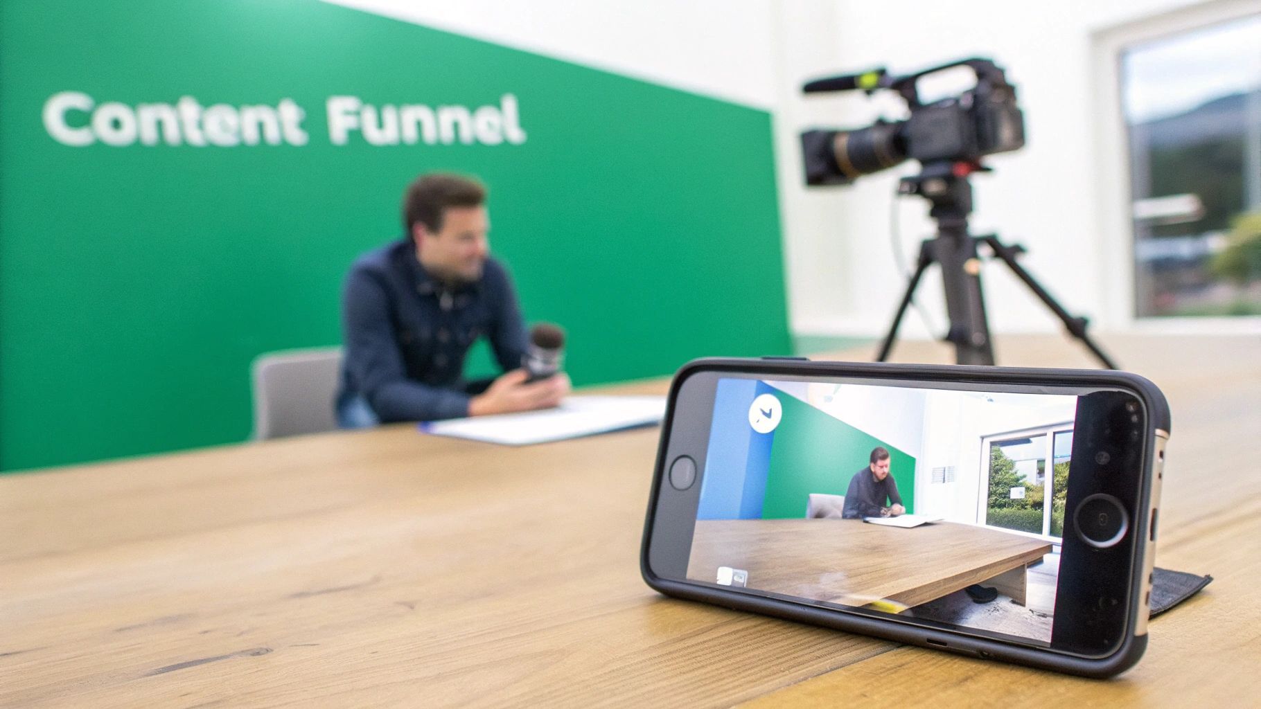 A person records a video about a content funnel with a camera and a smartphone on a wooden table.