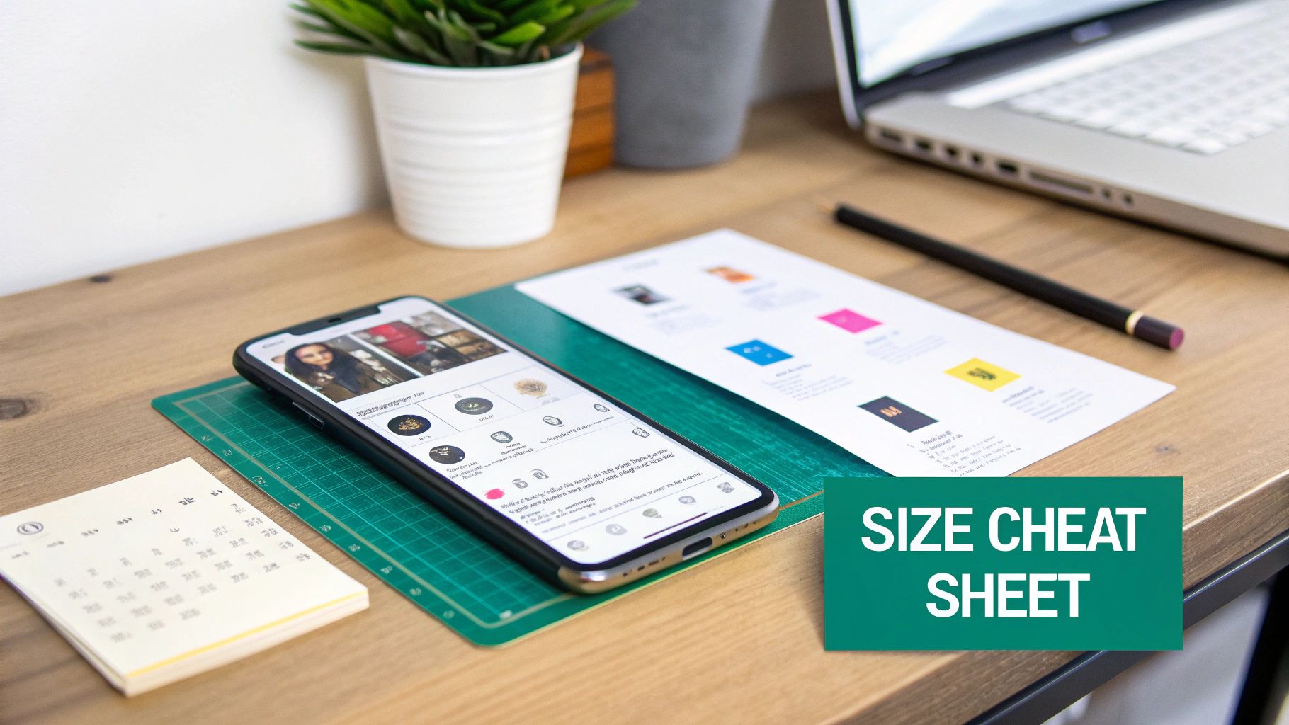 A smartphone on a desk next to a document, calendar, laptop, and plant, showing a modern workspace.