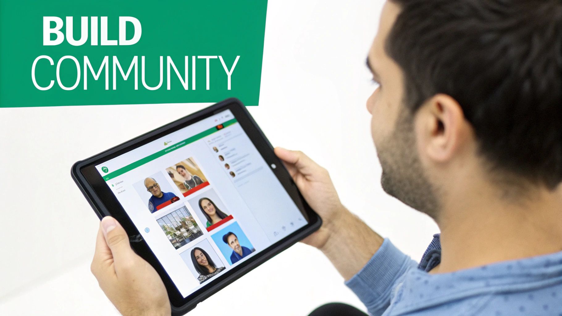 A person views a tablet showing a community platform with diverse user profiles, emphasizing 'BUILD COMMUNITY'.