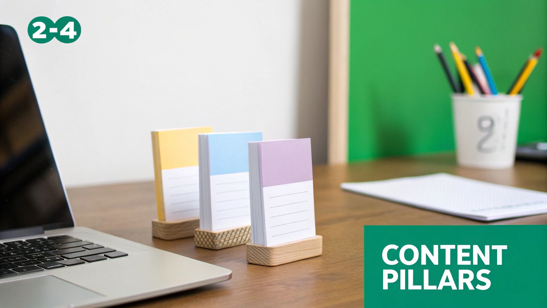 A clean workspace featuring a laptop, three colorful notepads, and pencils on a wooden desk.