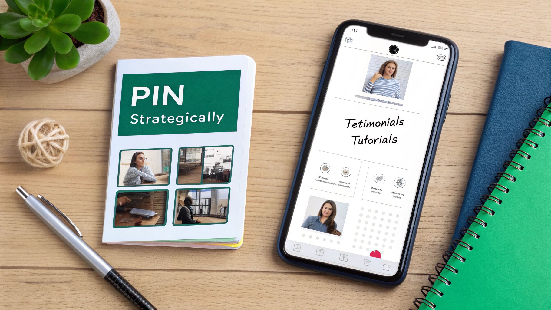 Flat lay of a wooden desk with a 'PIN Strategically' book, a smartphone displaying an app, notebooks, and a plant.
