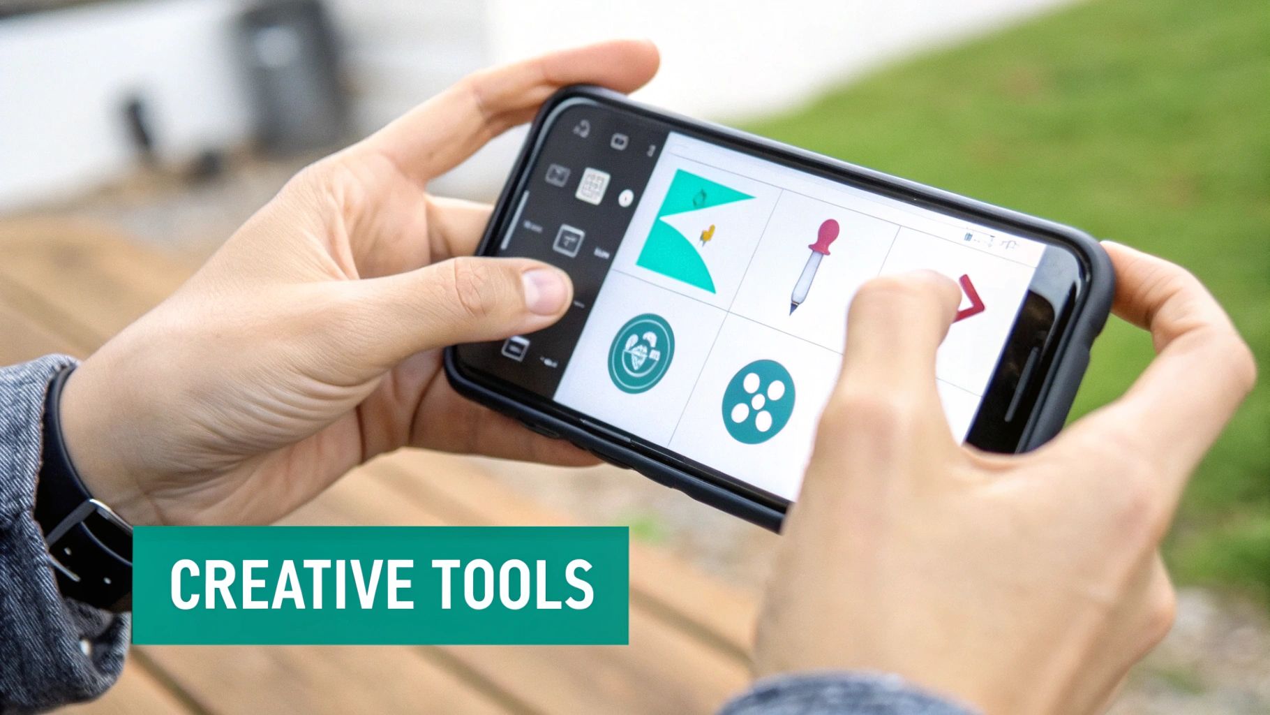 A person's hands hold a smartphone displaying a graphic design app with various creative tools.