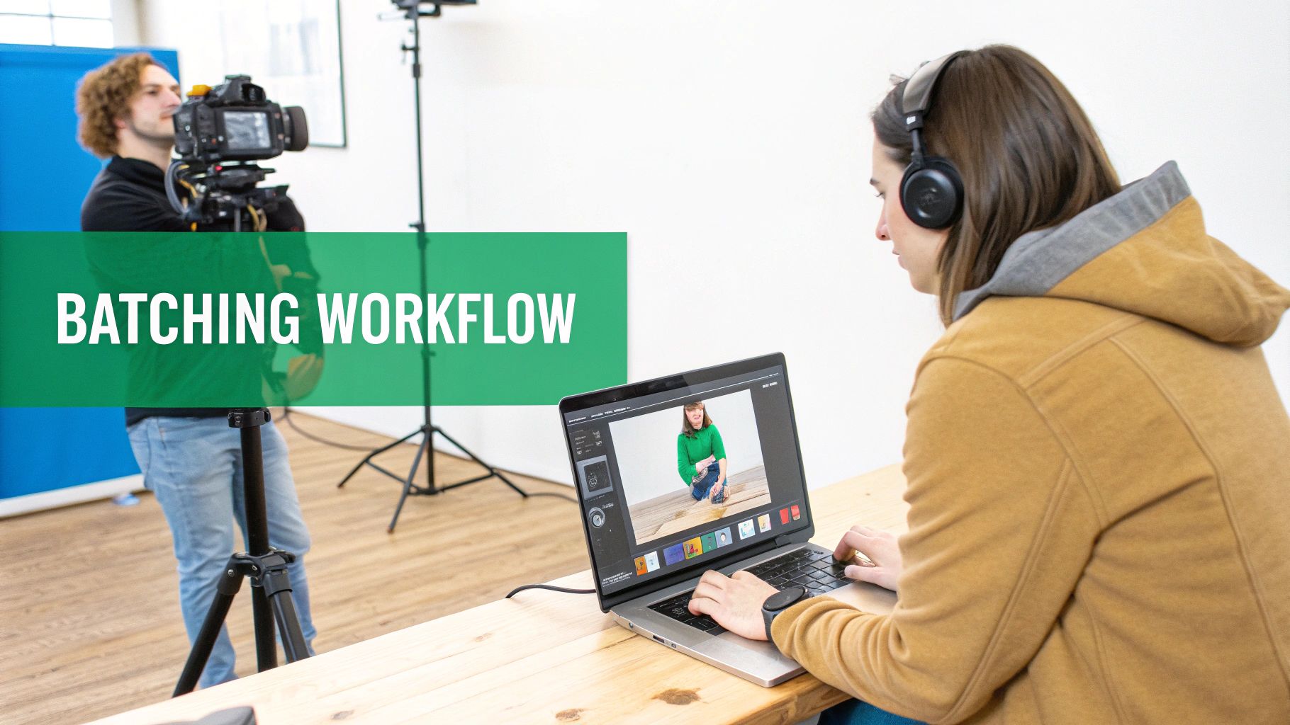 A person with headphones edits photos on a laptop displaying a model, while another films in a studio.