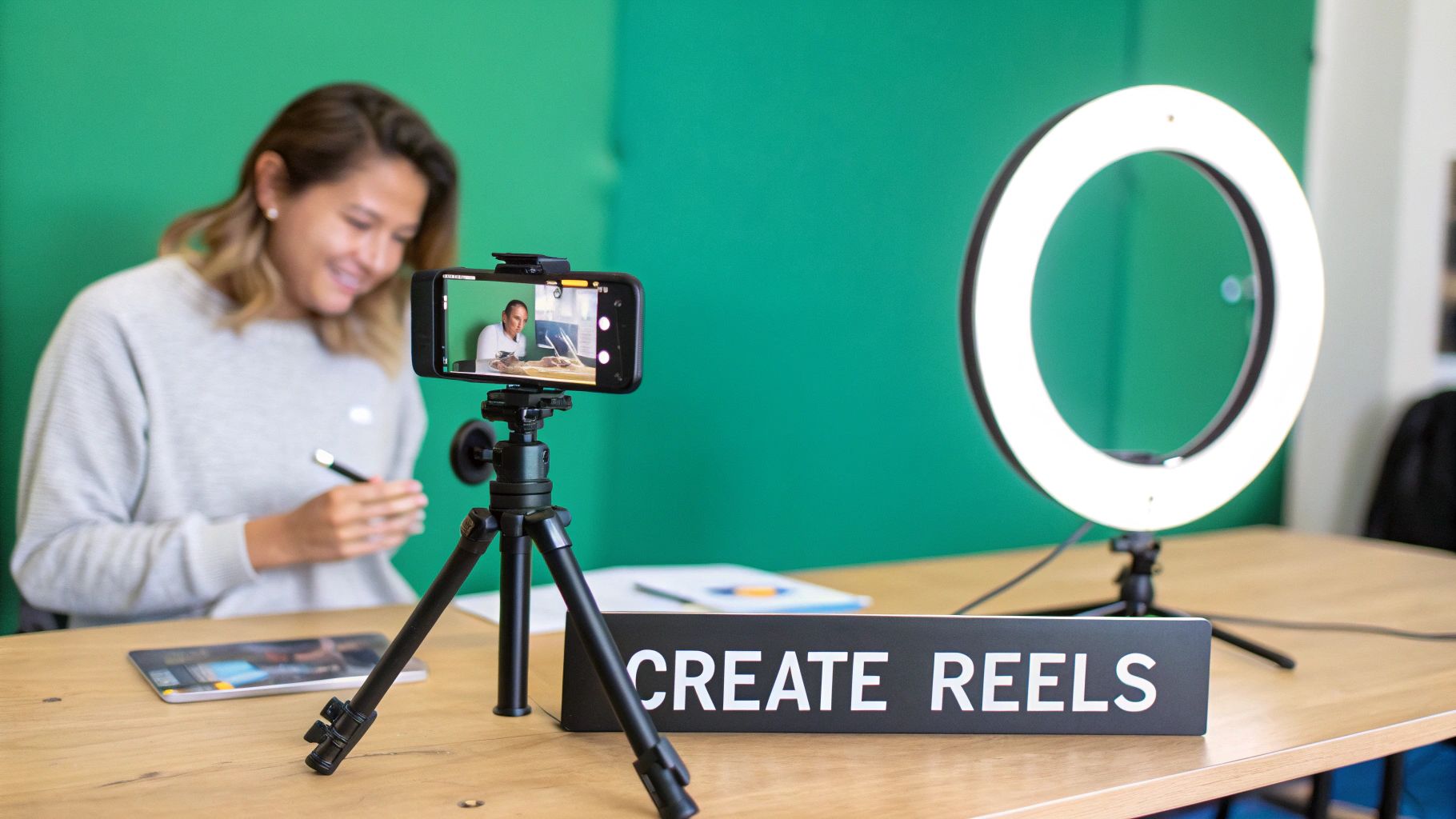 A person records a video with a smartphone on a tripod, a ring light, and a 'CREATE REELS' sign.