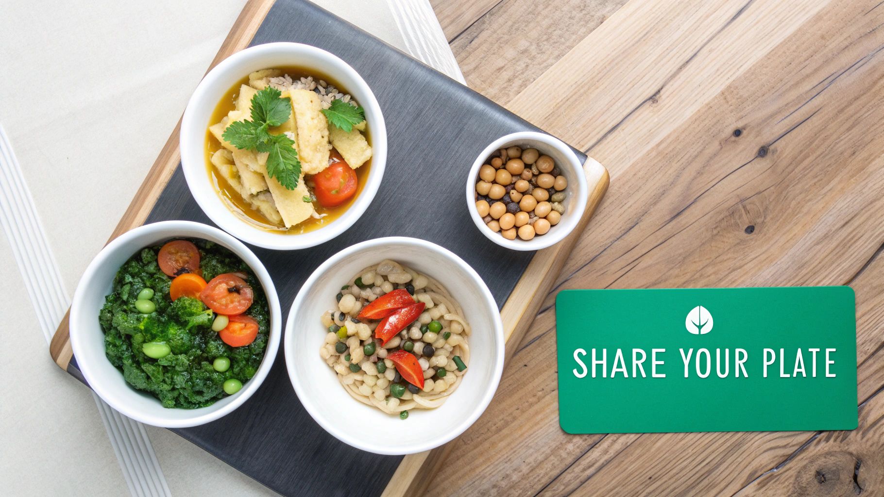 Four bowls of colorful, healthy plant-based meals are artfully arranged on a wooden board, with a 'Share Your Plate' sign.