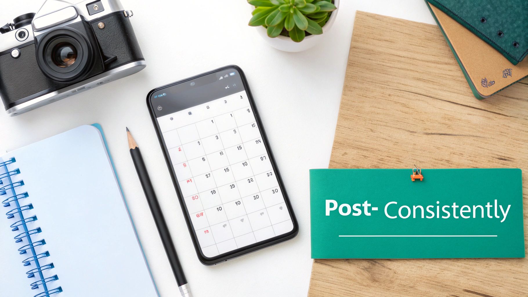 Smartphone displaying calendar with notepad, camera, and post consistently card on desk