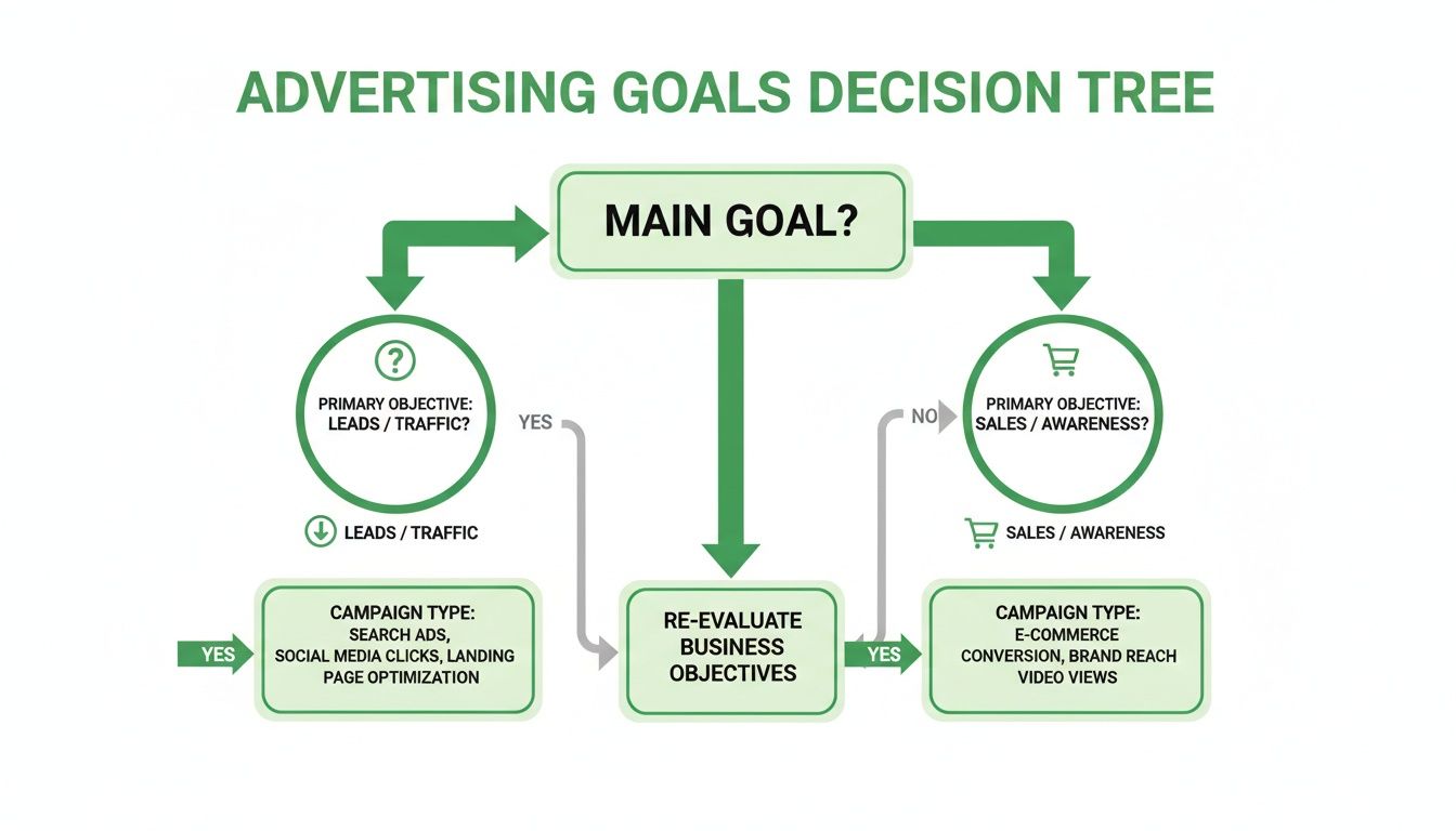 Advertising goals decision tree guides selection of campaign types based on leads/traffic or sales/awareness objectives.