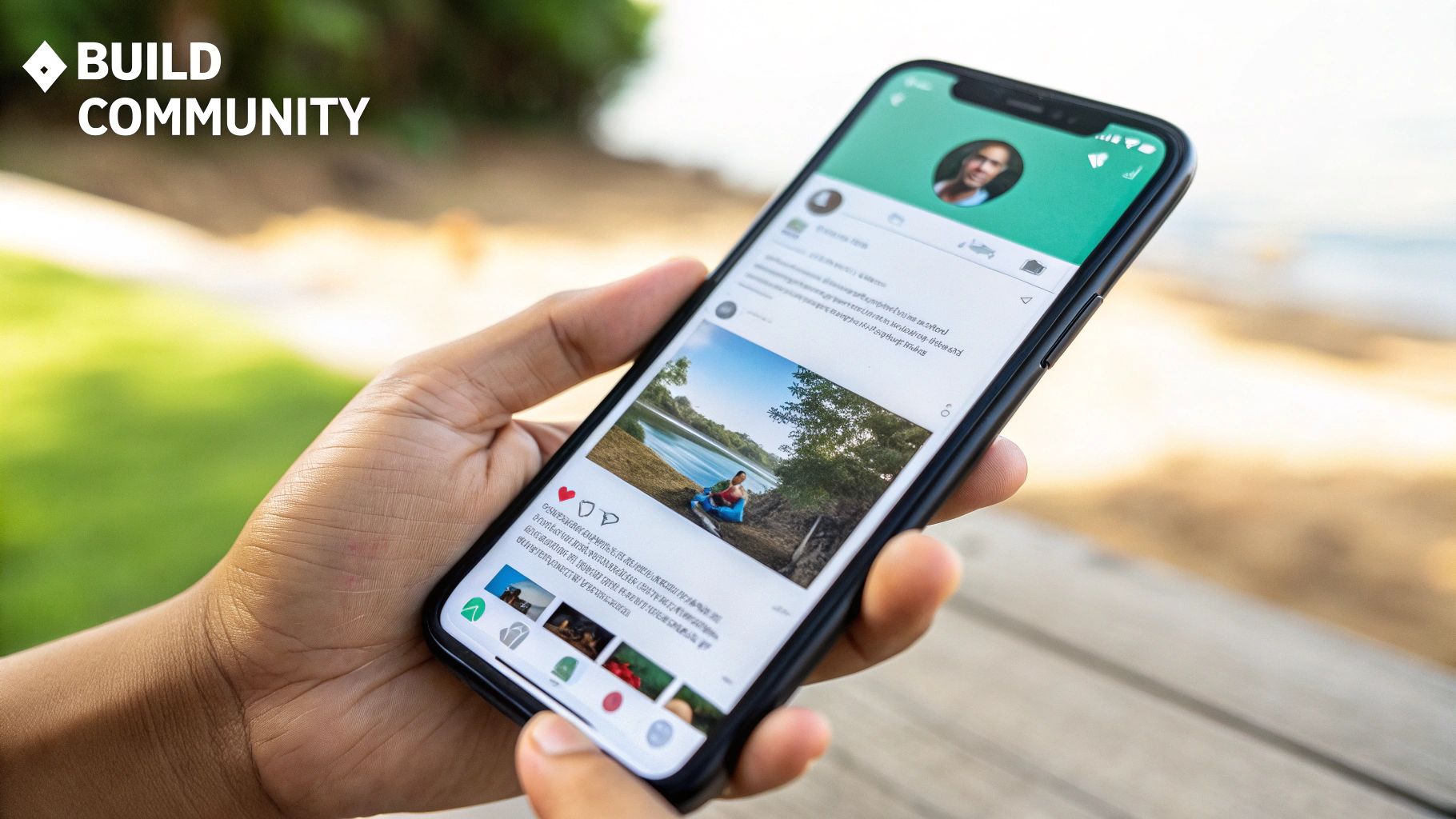 Person holding smartphone displaying social media feed with community engagement and profile content