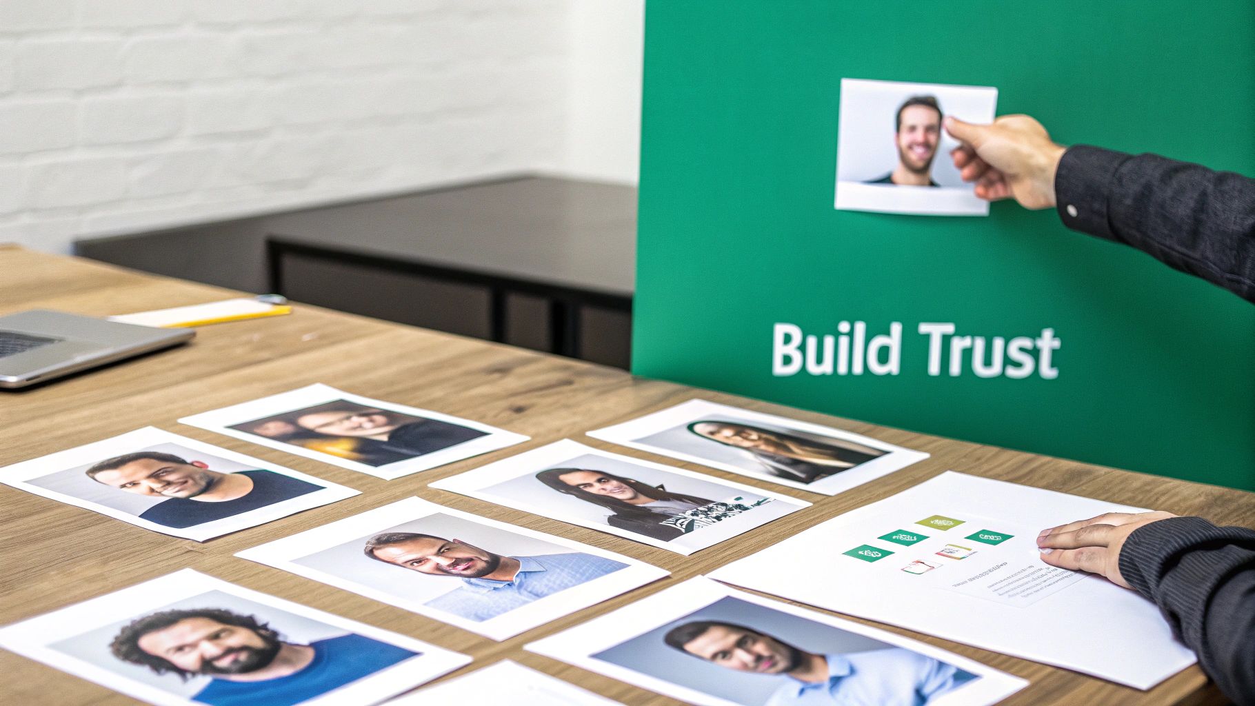 A hand places a smiling man's photo on a 'Build Trust' board, surrounded by other portraits.