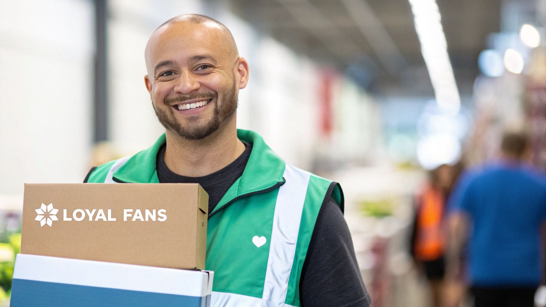 Smiling man in a green vest holding 
