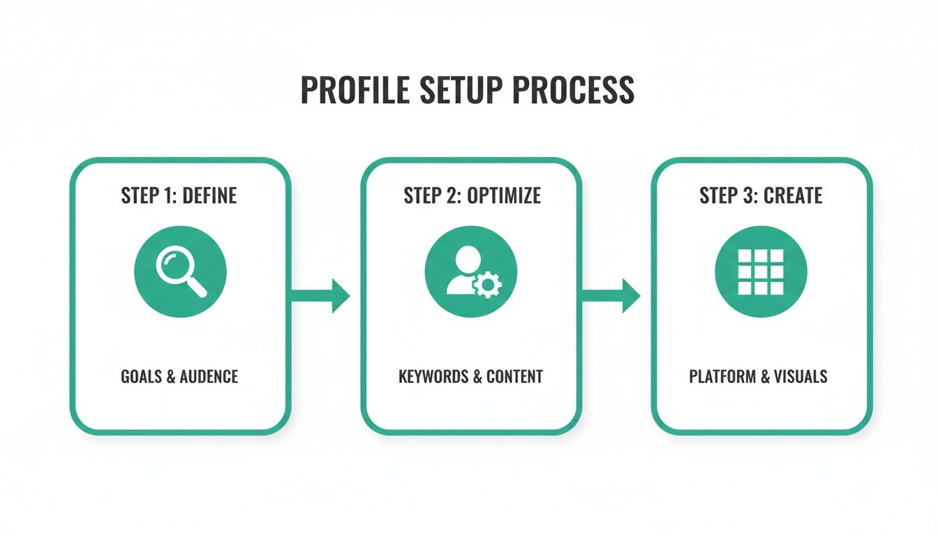 Infographic showing a three-step profile setup process: define, optimize, and create.