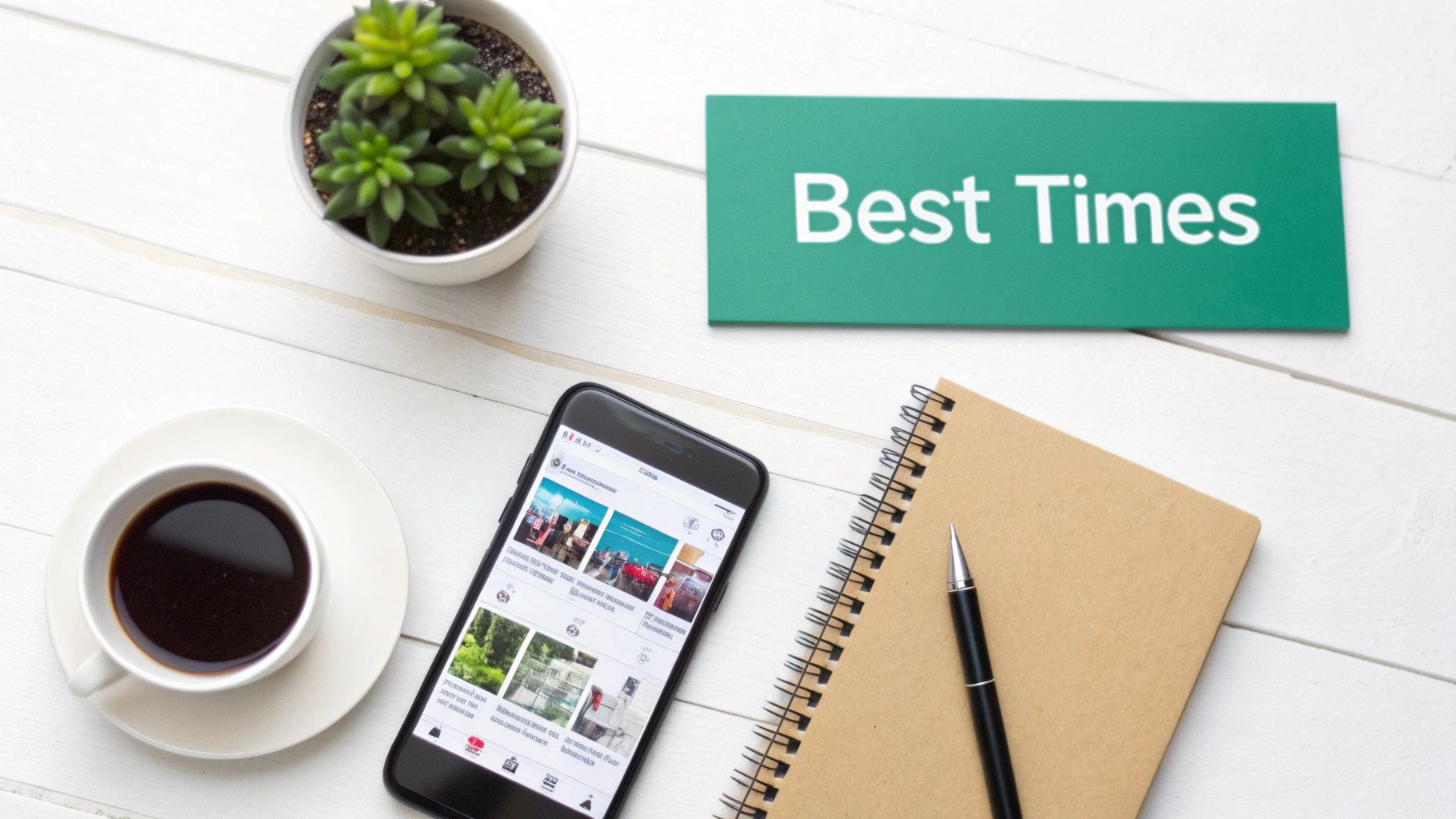 A flat lay of a white desk with a succulent, coffee, smartphone, notebook, pen, and 'Best Times' sign.