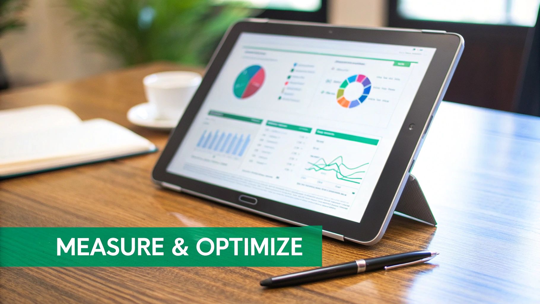 Tablet displaying business data dashboards with charts and graphs on a wooden table, emphasizing measure and optimize.